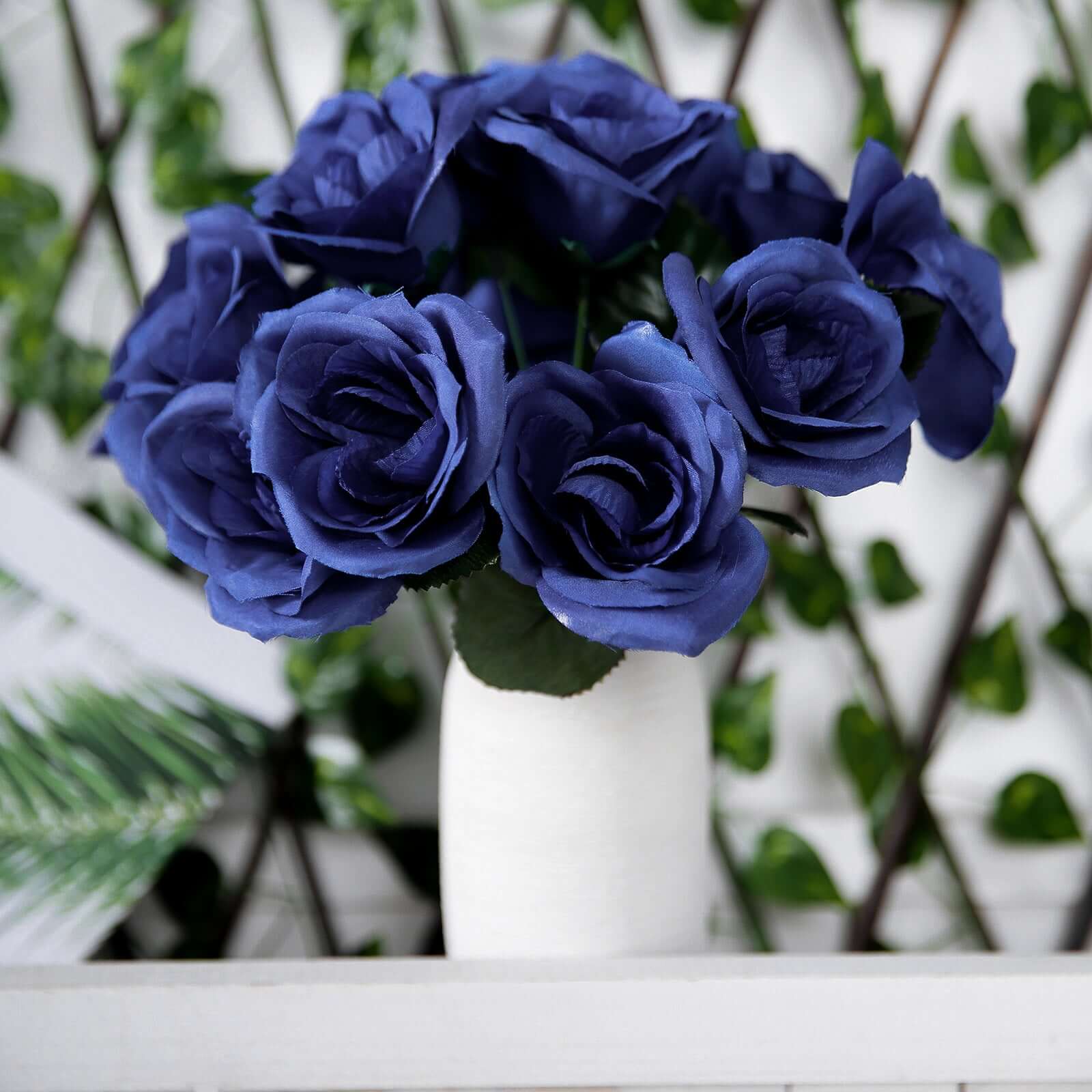 12" Navy Blue Artificial Velvet-Like Fabric Rose Flower Bouquet Bush