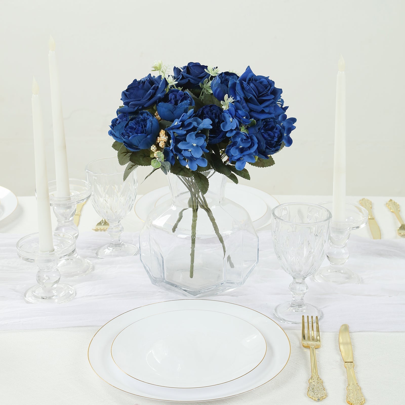 2 Pack Artificial Rose & Peony Floral Arrangements – 12" Navy Blue Silk Bouquets for Weddings & Home Décor