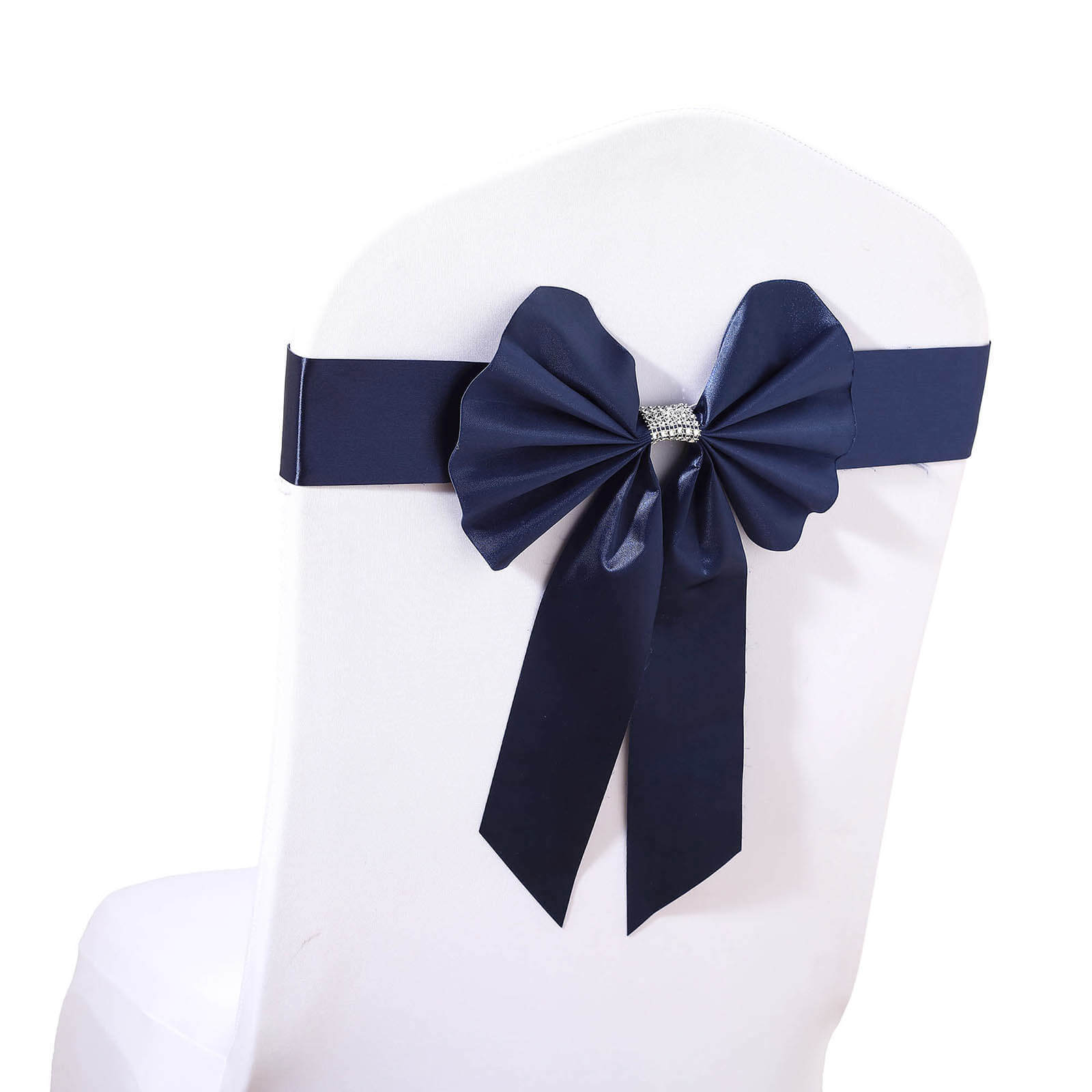 5 Pack Satin Faux Leather Chair Sashes Navy Blue - Durable Double Sided Pre-tied Bow Tie Chair Bands with Diamond Rhinestone Buckles