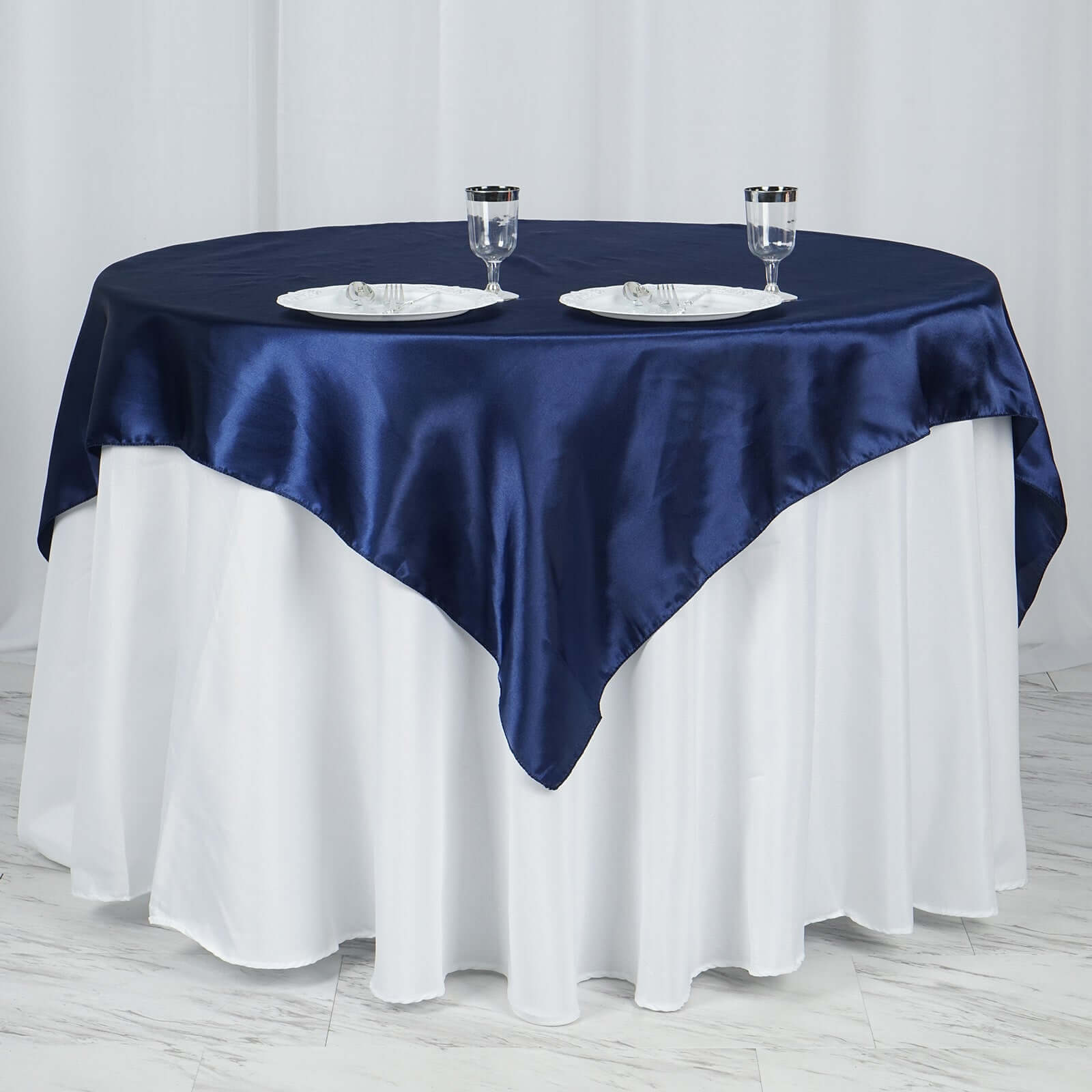 Satin 60"x60" Table Overlay Square Tablecloth Navy Blue - Smooth Silky Touch Table Cover