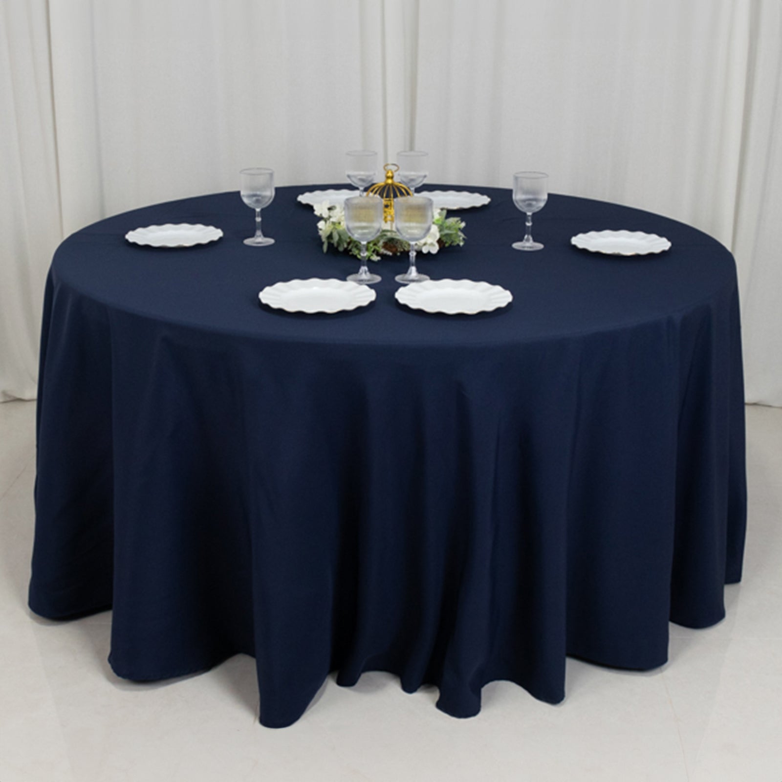 Fire Retardant Premium Polyester 120" Round Tablecloth Navy Blue - High-Performance Seamless Table Cover