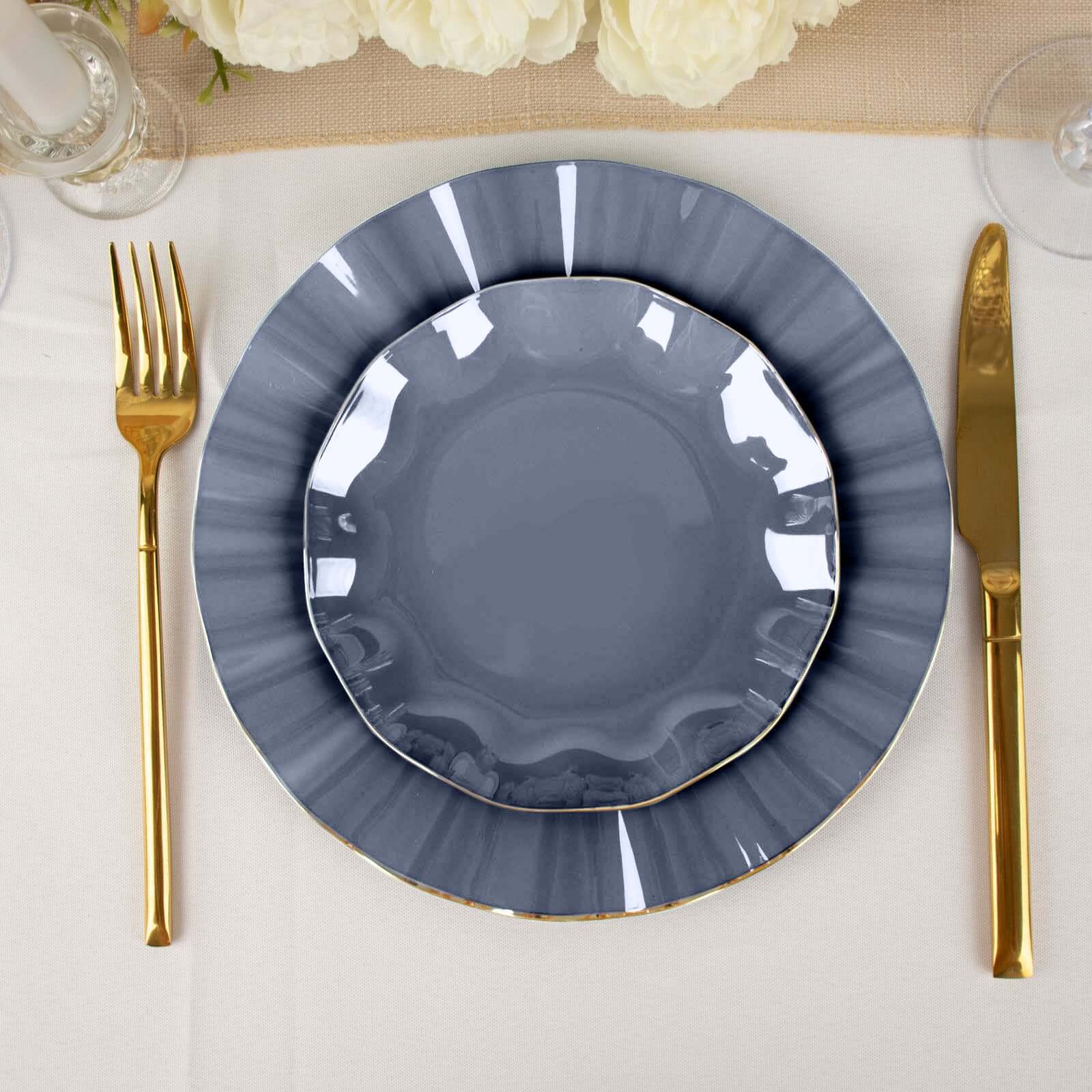 10-Pack Plastic Round 6" Dessert Plates in Navy Blue Ruffled Rim with Gold Edging - Sturdy Disposable Salad Appetizer Dinnerware