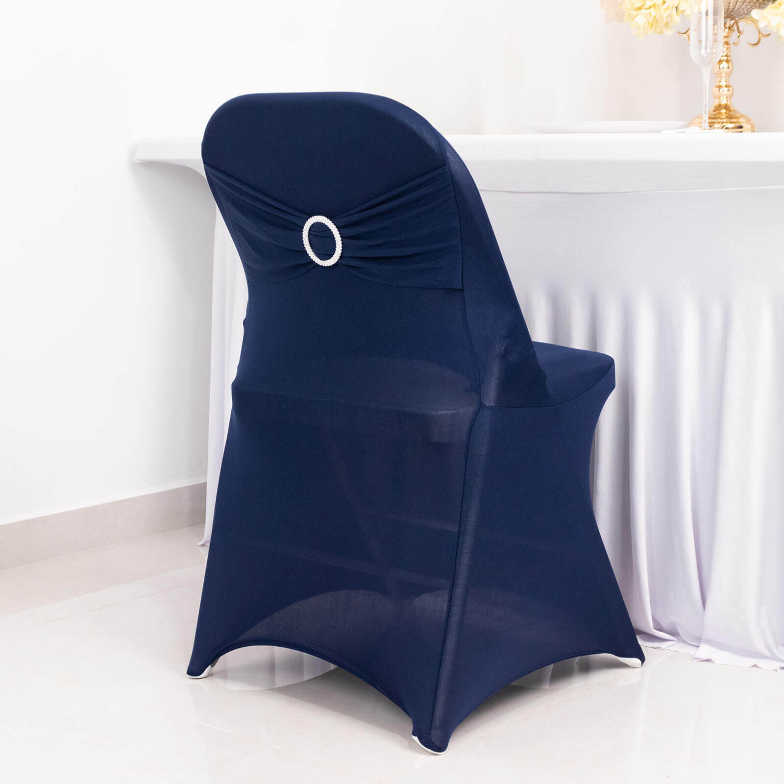 Stretch Spandex Chair Cover Navy Blue for Folding Chairs - Secure Fit Slipcover with Silver Rhinestone Buckled Sash Band