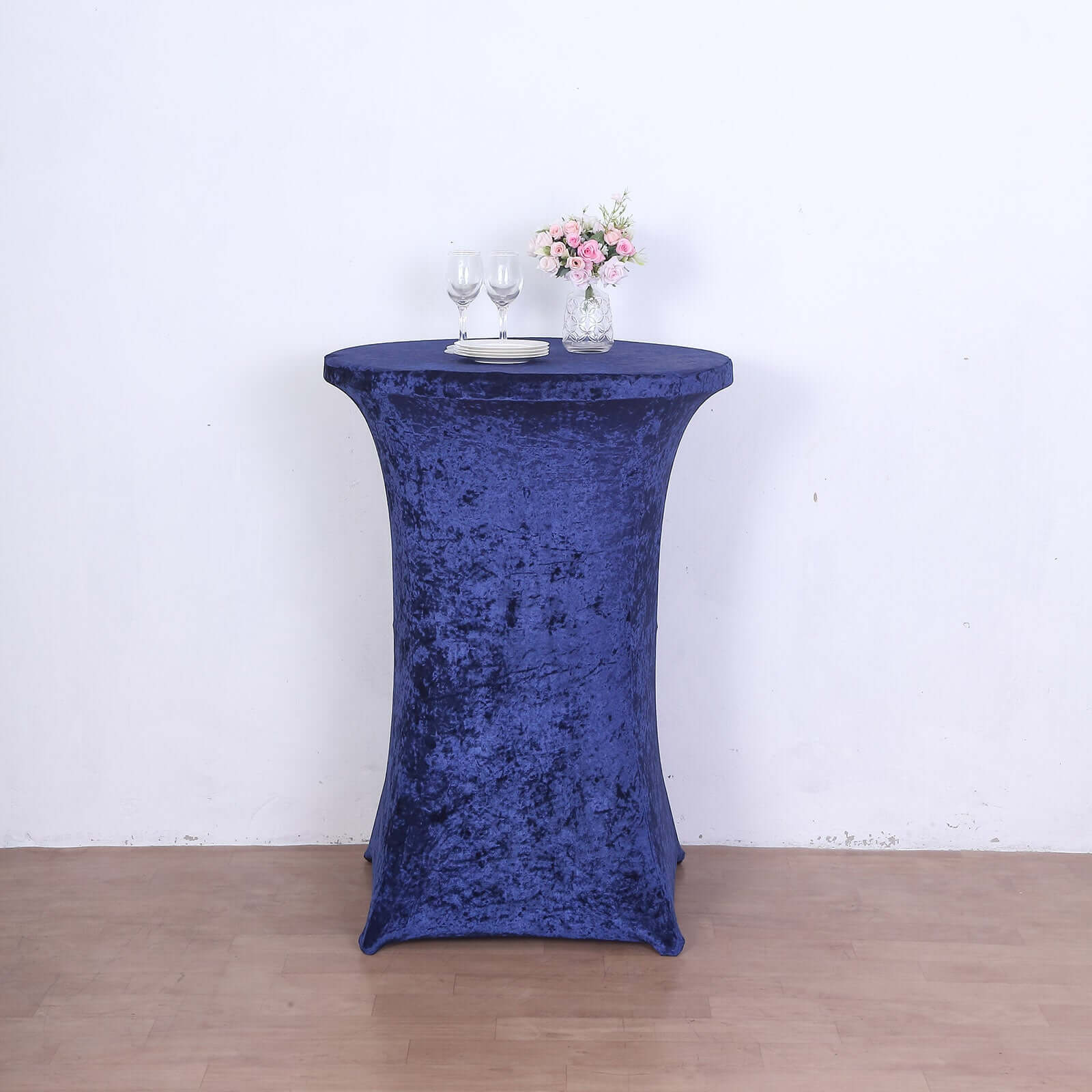 Crushed Velvet Spandex 30" Round Cocktail Table Cover Navy Blue Smooth Highboy Tablecloth