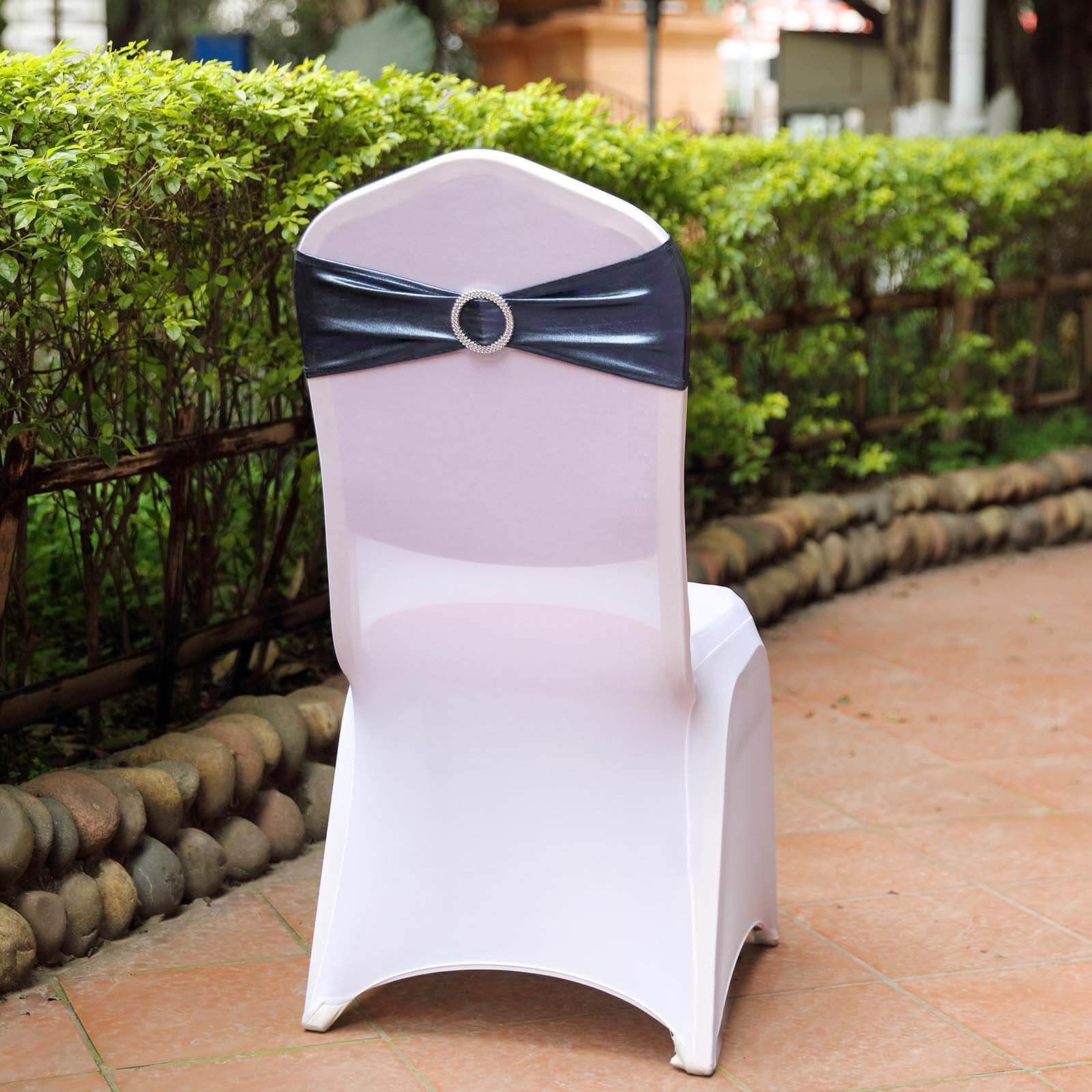 5 Pack Metallic Spandex Chair Sashes Navy Blue - Stretch Fit Chair Bands With Round Diamond Buckles