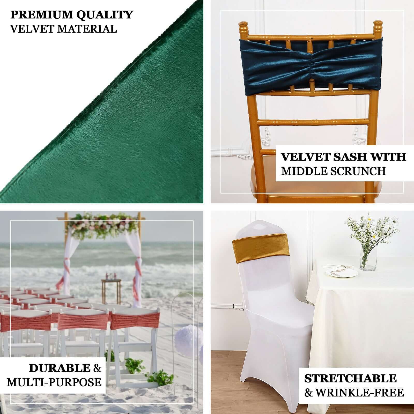 5 Pack Premium Crushed Velvet Chair Sashes Navy Blue Ruffle Style - Textured Chair Bands for Stunning Event Decor