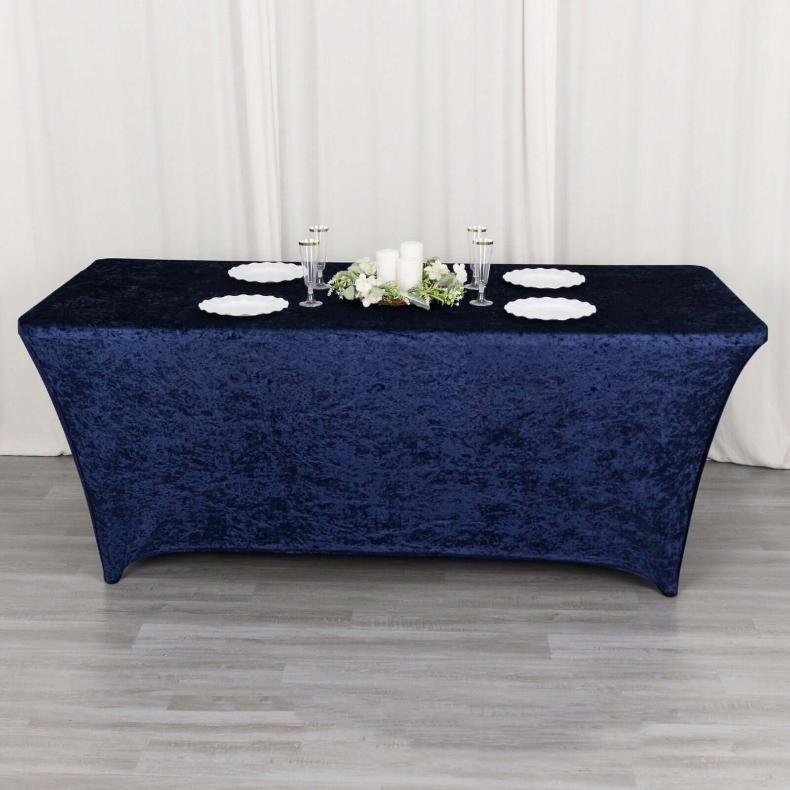 Crushed Velvet Fitted Rectangular 6ft Table Cover Navy Blue - Wrinkle-Free Stretchy Tablecloth