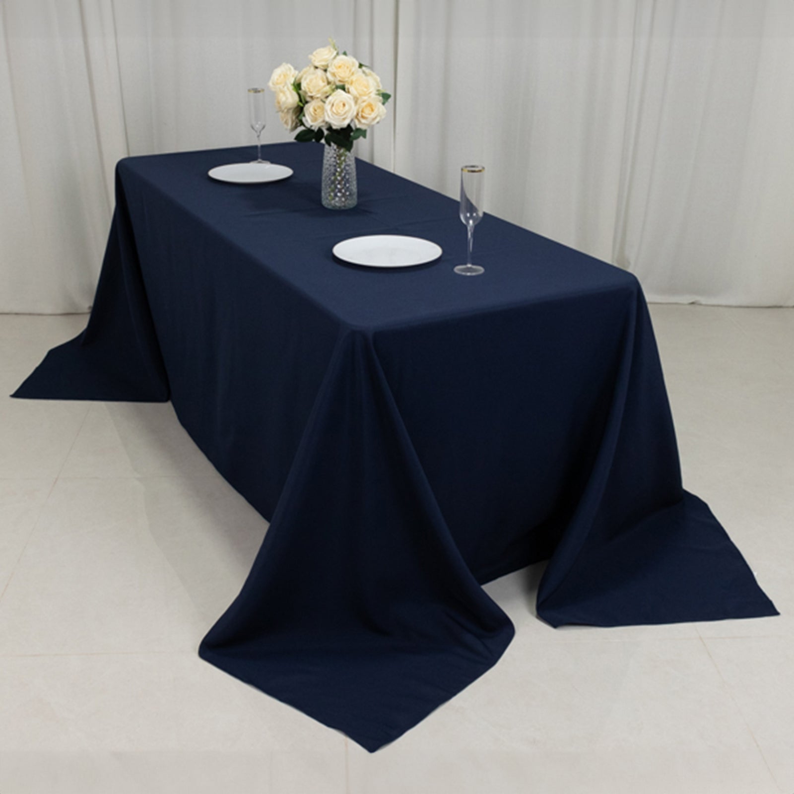 Fire Retardant Premium Polyester 90"x132" Rectangular Tablecloth Navy Blue - High-Performance Seamless Table Cover