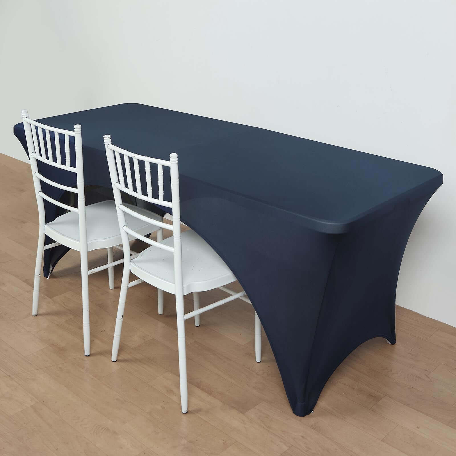 Stretch Spandex 96"x30" Rectangle Table Cover Navy Blue with Curved Open Back Design Tailored Professional Look