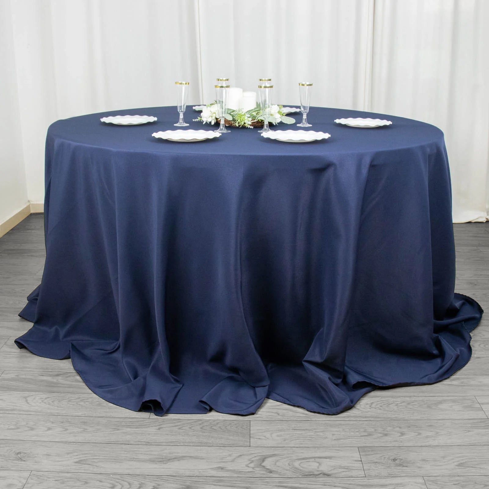 Fire Retardant Premium Polyester 132" Round Tablecloth Navy Blue - High-Performance Seamless Table Cover