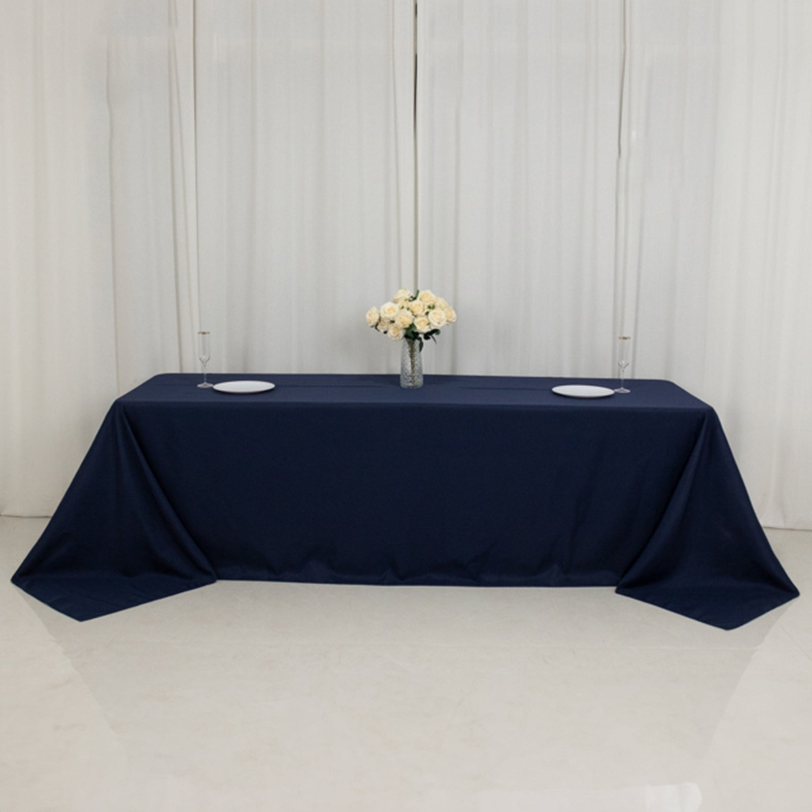 Fire Retardant Premium Polyester 90"x156" Rectangular Tablecloth Navy Blue - High-Performance Seamless Table Cover