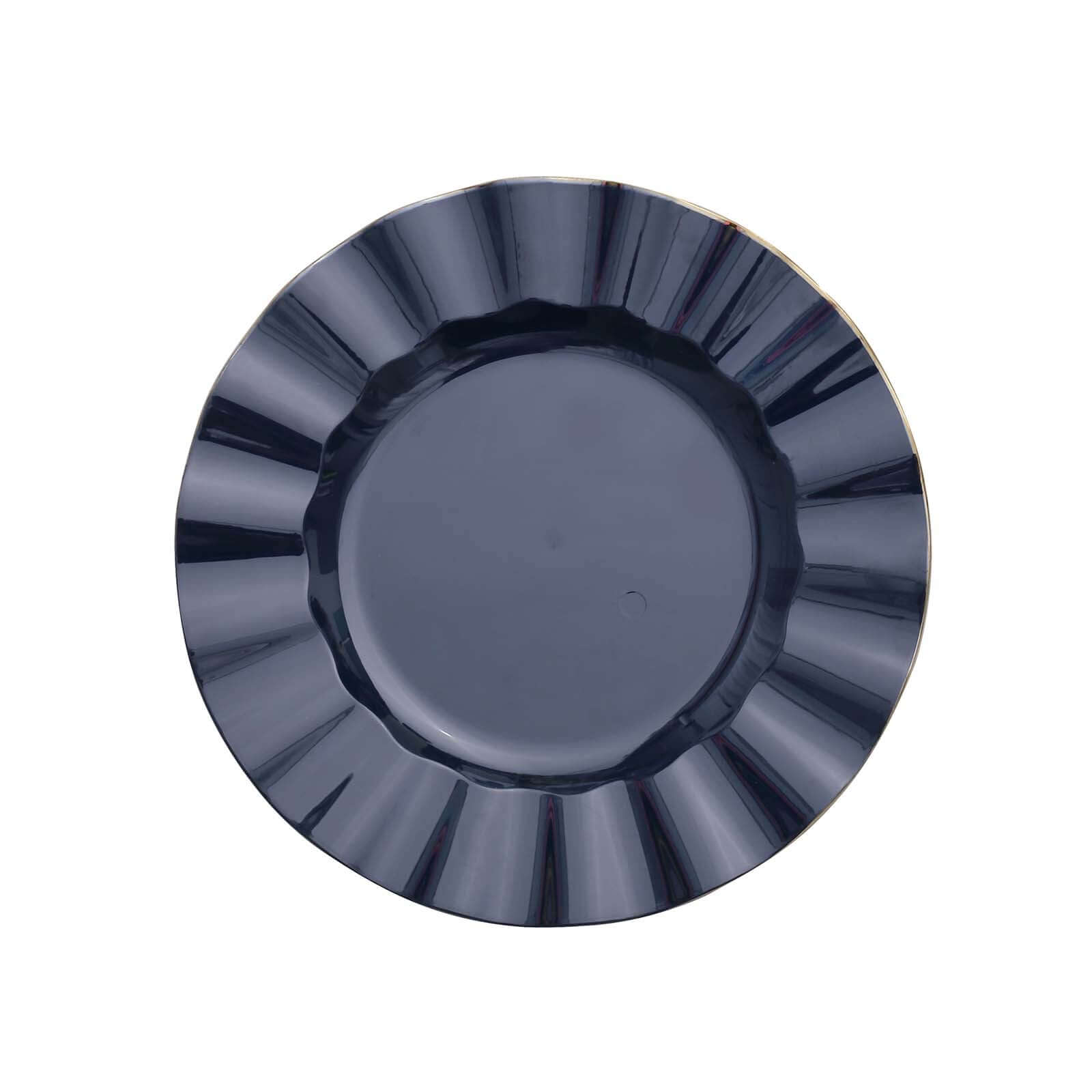 10-Pack Plastic 9" Round Dinner Plates in Navy Blue Ruffled Rim with Gold Edging - Sturdy Disposable Dinnerware