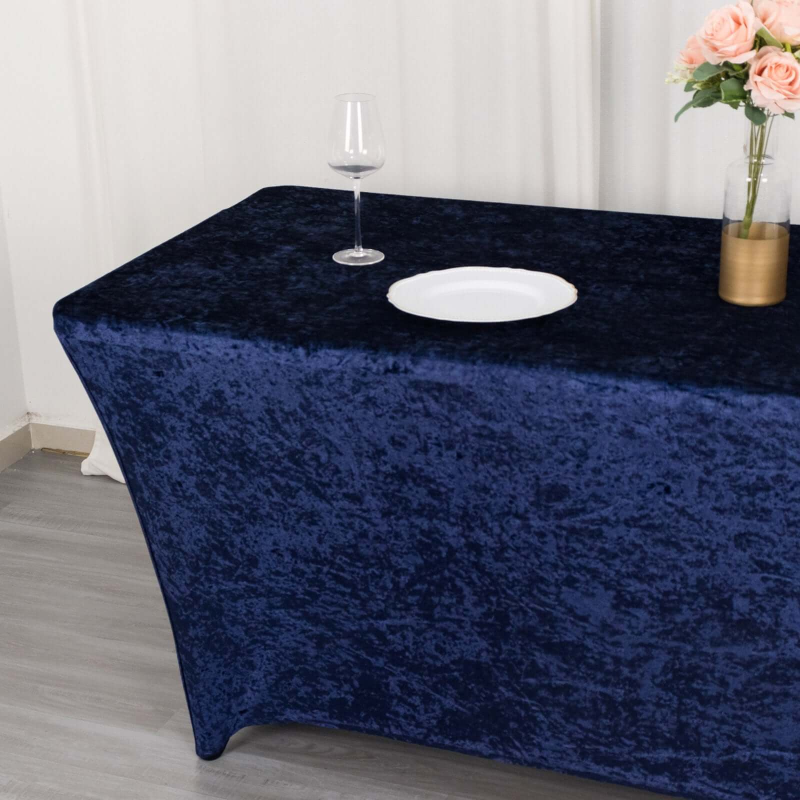 Crushed Velvet Fitted Rectangular 6ft Table Cover Navy Blue - Wrinkle-Free Stretchy Tablecloth
