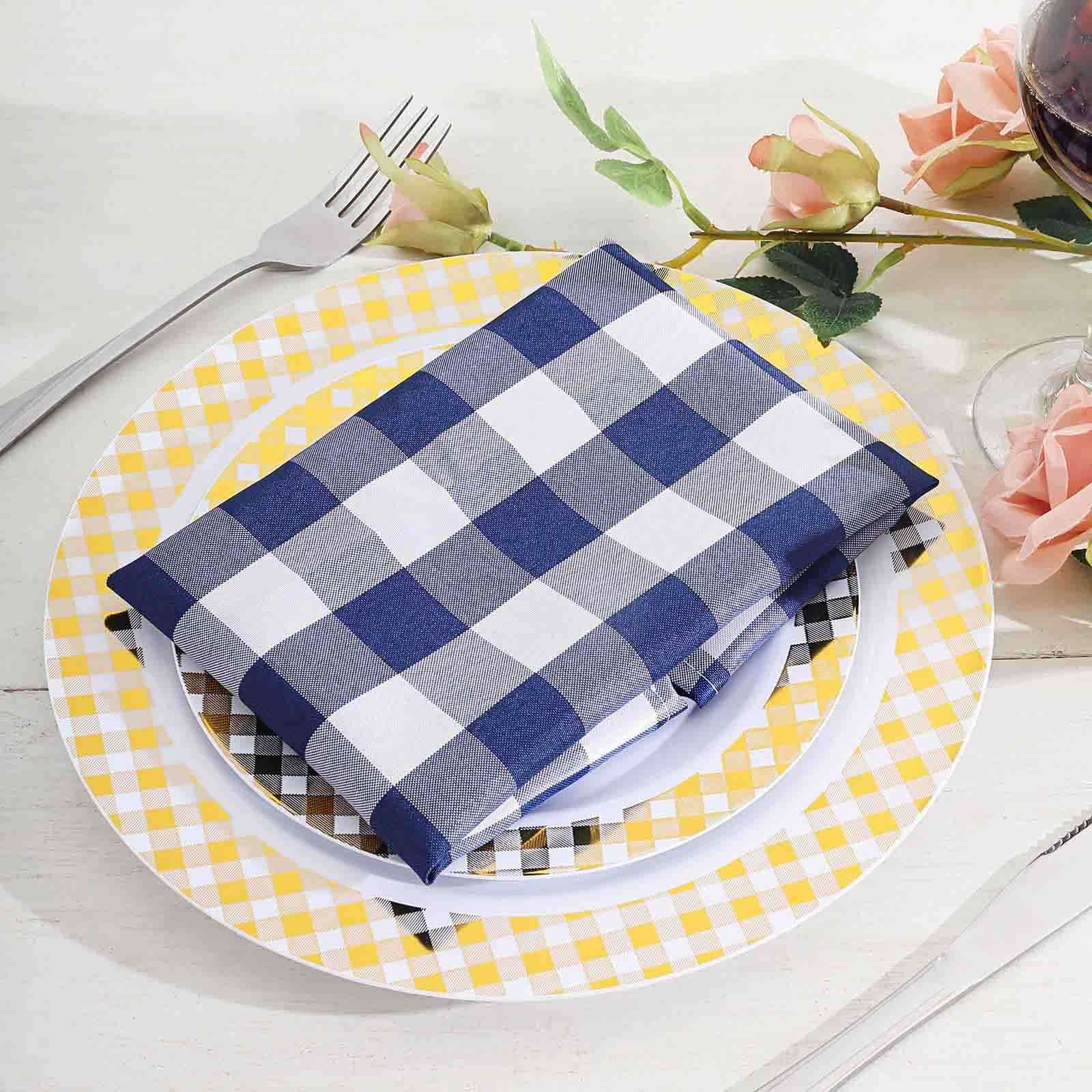 5 Pack Polyester 15"x15" Napkins Navy Blue/White Buffalo Plaid Gingham Style Cloth Napkins
