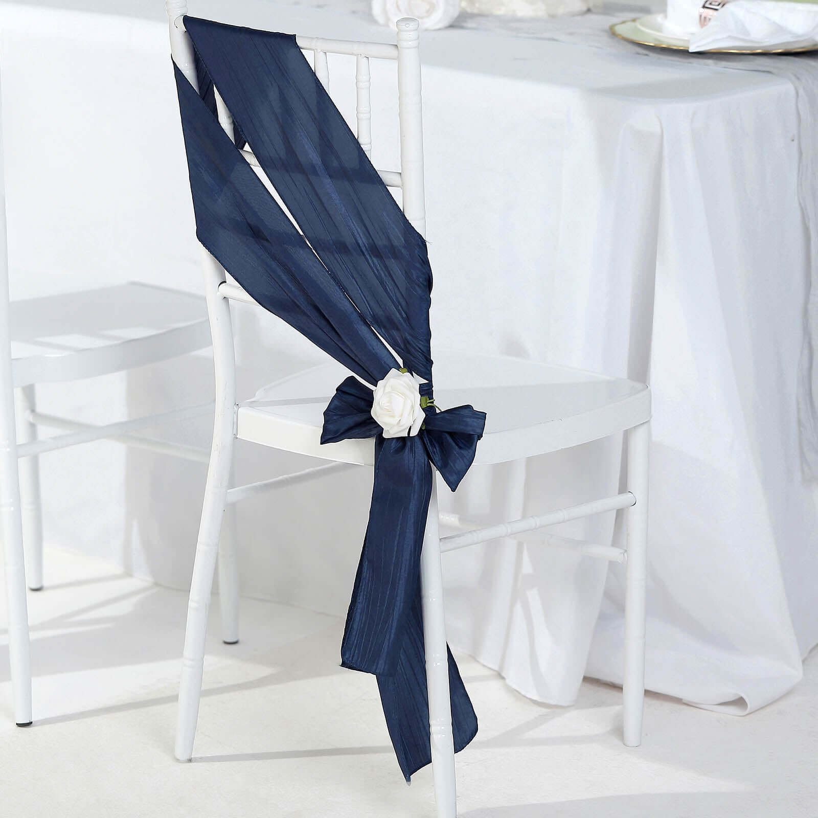 5 Pack Taffeta 6"x106" Chair Sashes Navy Blue Accordion Crinkle Texture - Stylish Decor for Weddings & Gatherings