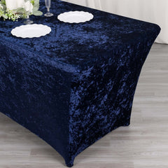 Crushed Velvet Fitted Rectangular 6ft Table Cover Navy Blue - Wrinkle-Free Stretchy Tablecloth