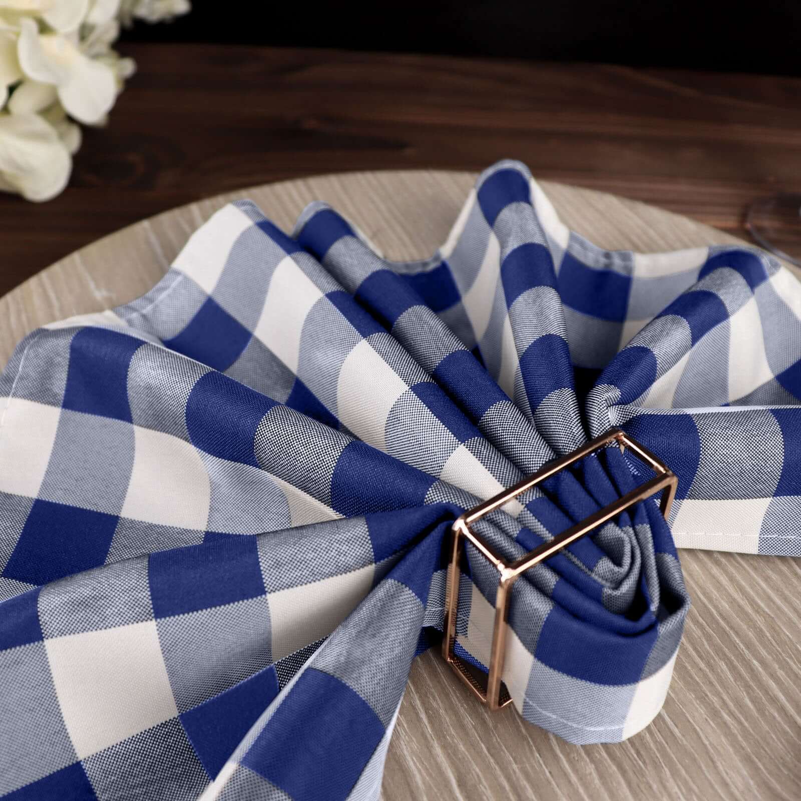 5 Pack Polyester 15"x15" Napkins Navy Blue/White Buffalo Plaid Gingham Style Cloth Napkins