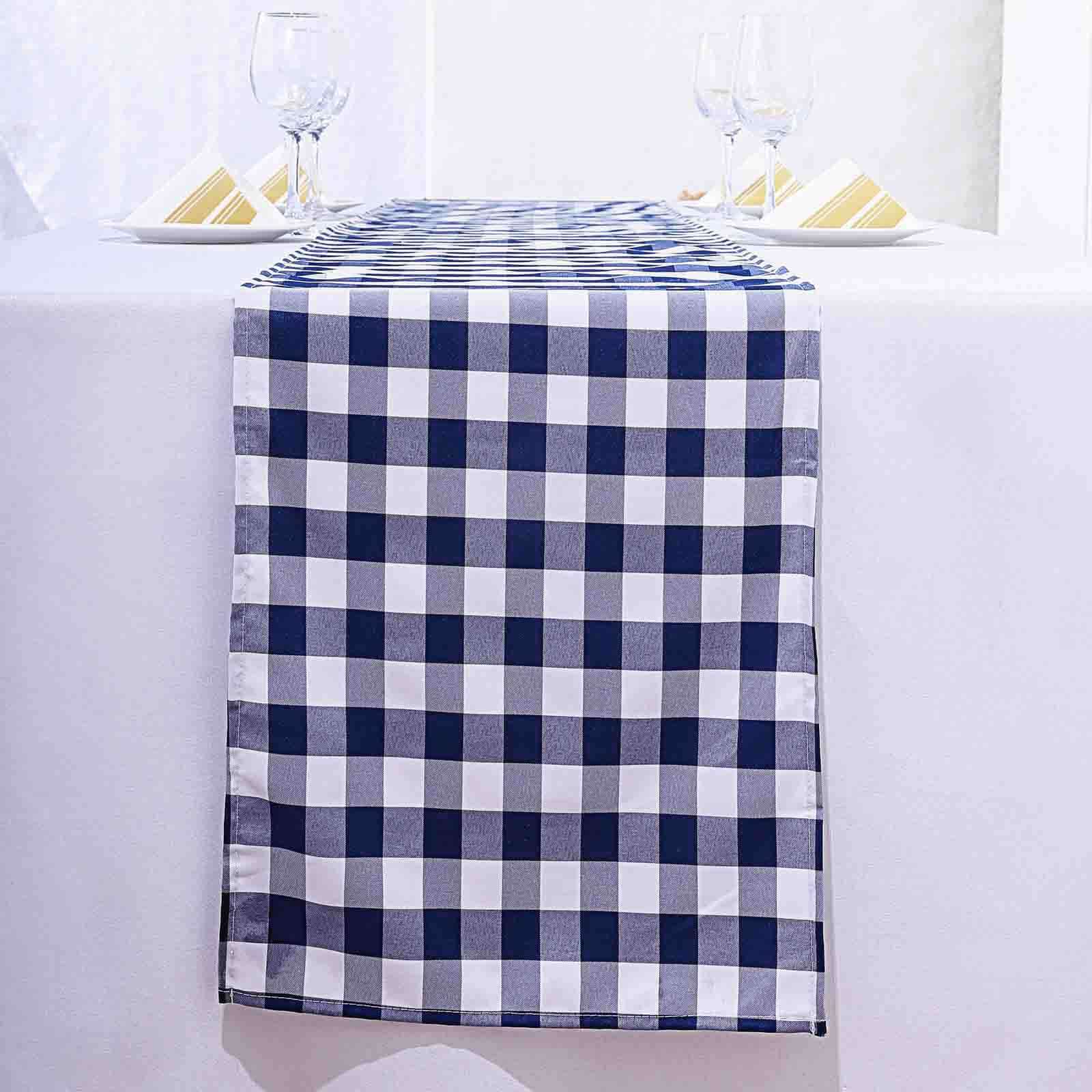 Polyester 14"x108" Table Runner Navy Blue/White - Gingham Plaid Design