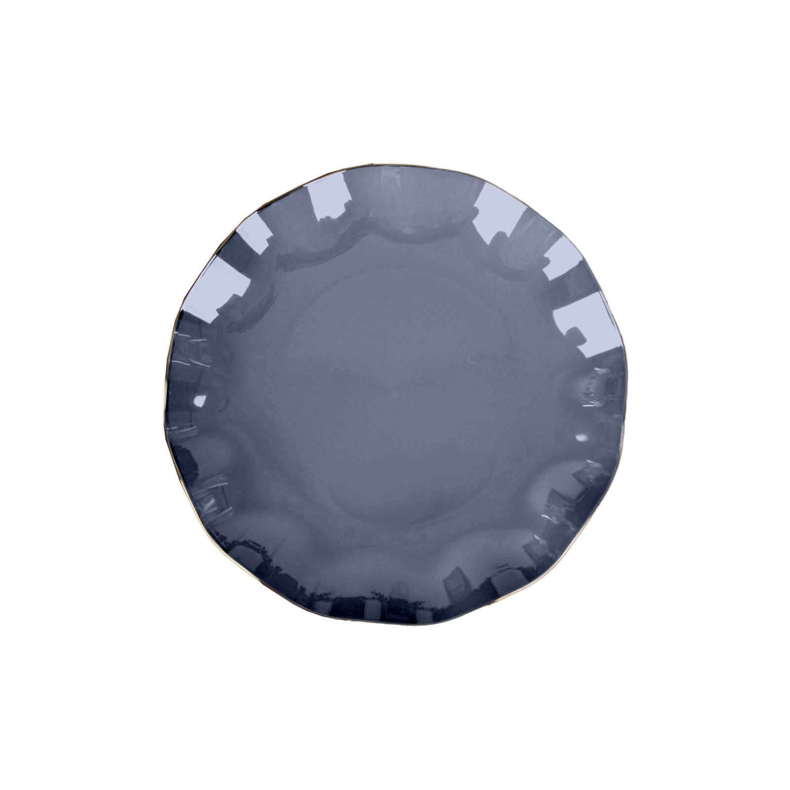 10-Pack Plastic Round 6" Dessert Plates in Navy Blue Ruffled Rim with Gold Edging - Sturdy Disposable Salad Appetizer Dinnerware