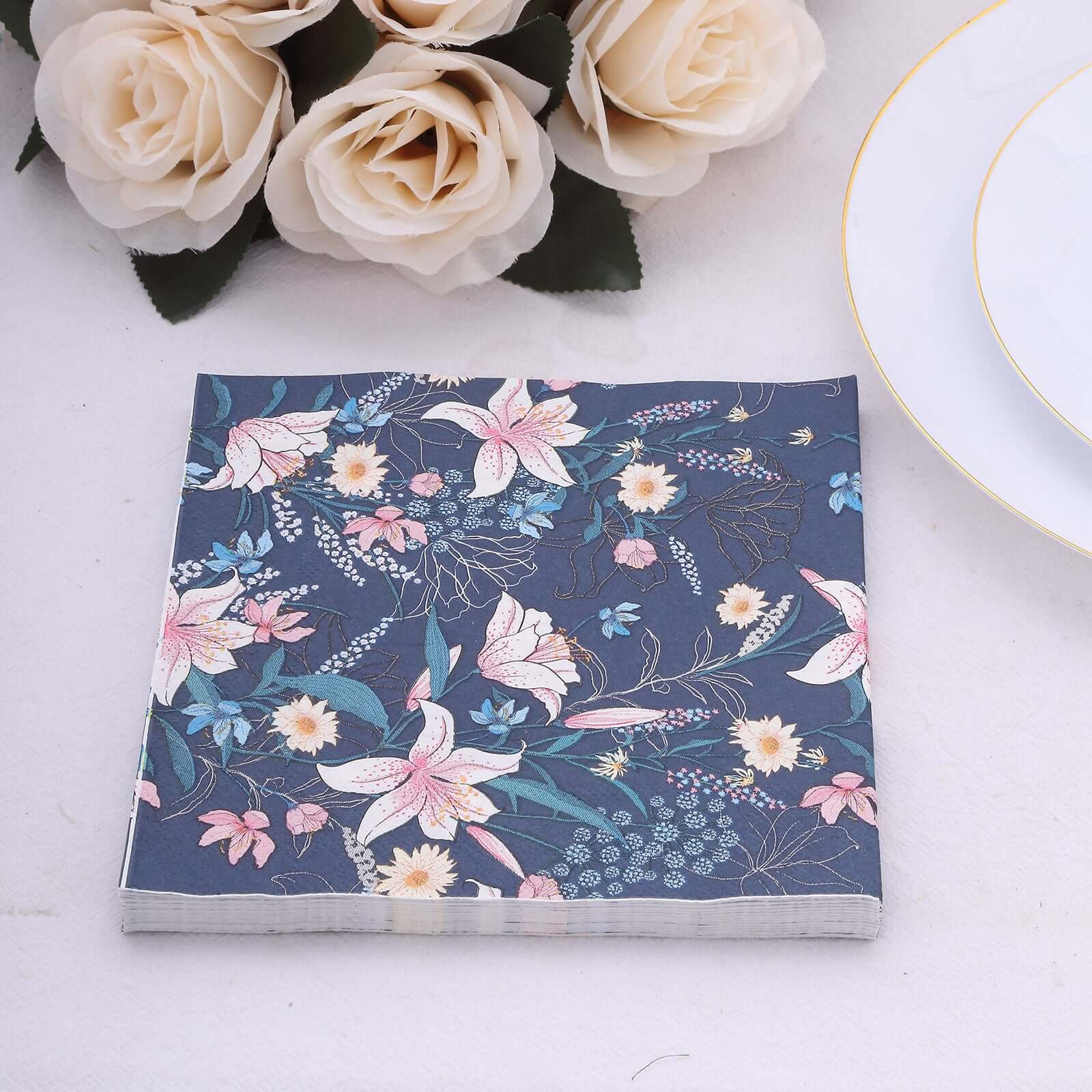 20-Pack Paper Beverage Napkins with Water Lily Floral Design Navy Blue - 2 Ply Soft 18GSM Wedding Napkins 6.5"x6.5"