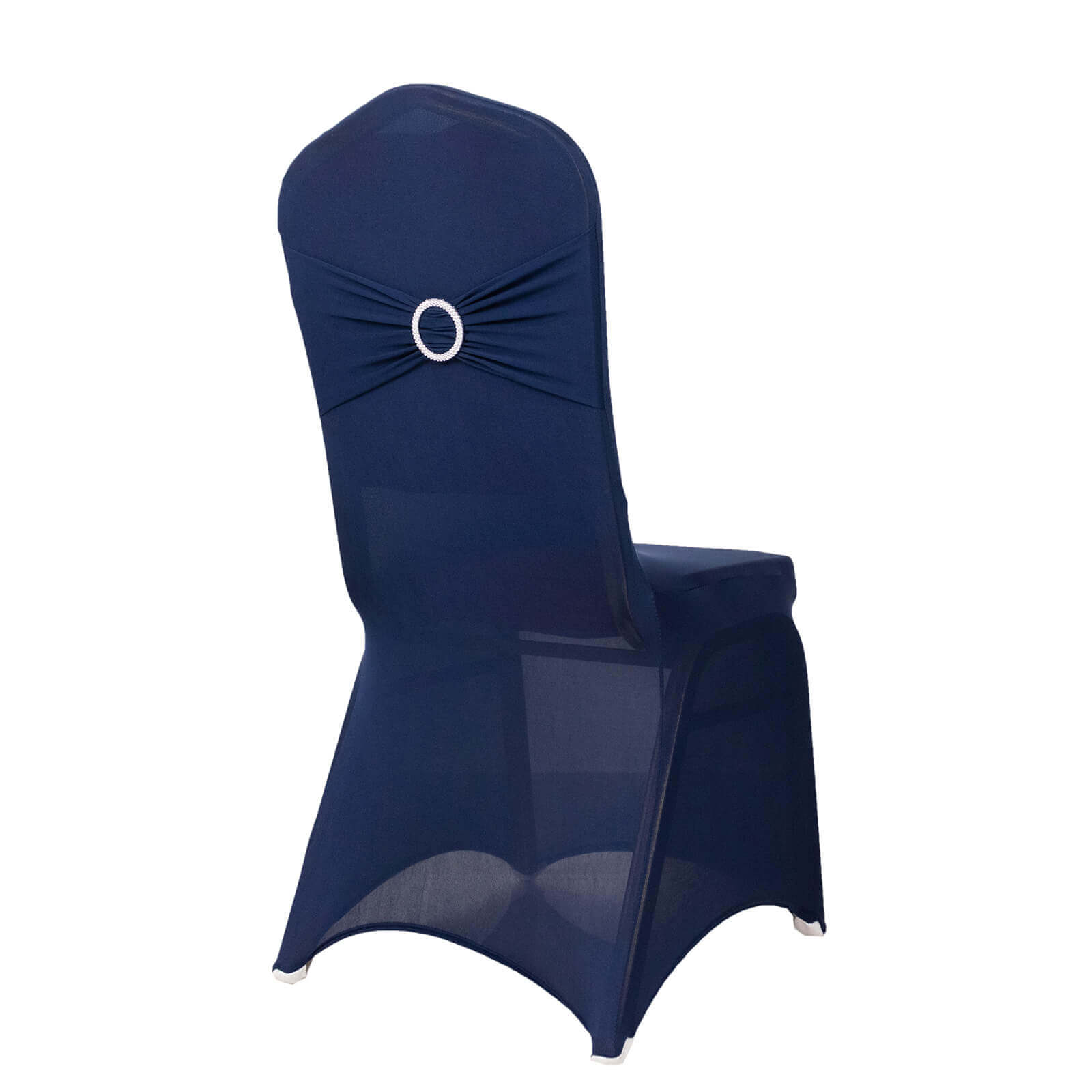 Spandex Chair Cover with Silver Rhinestone Buckled Sash Band Navy Blue - Stretch Fitted Slipcover