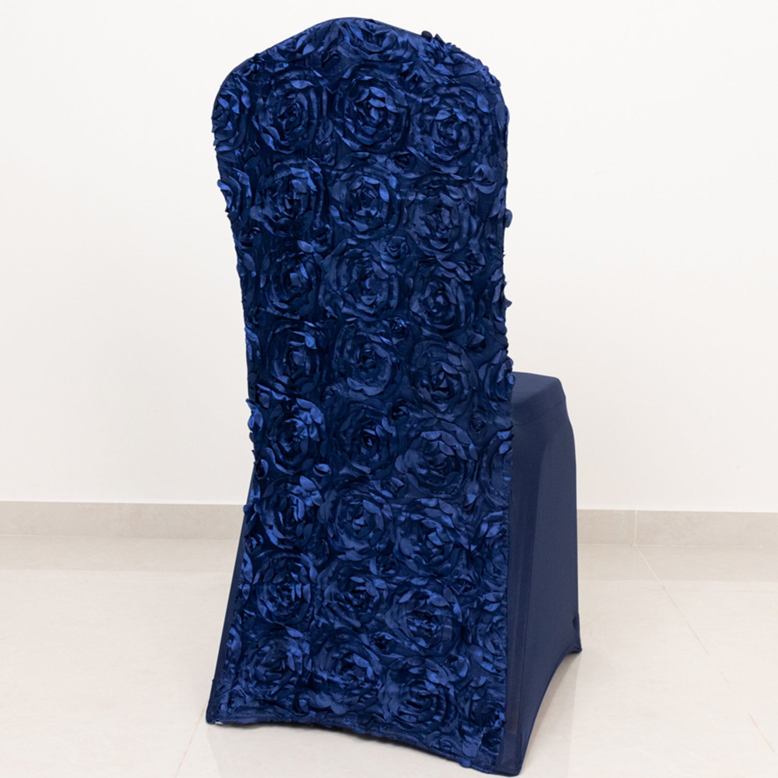 Satin Rosette Chair Cover for Banquet Chairs Navy Blue - Stretch Fitted Slip-On Slipcover