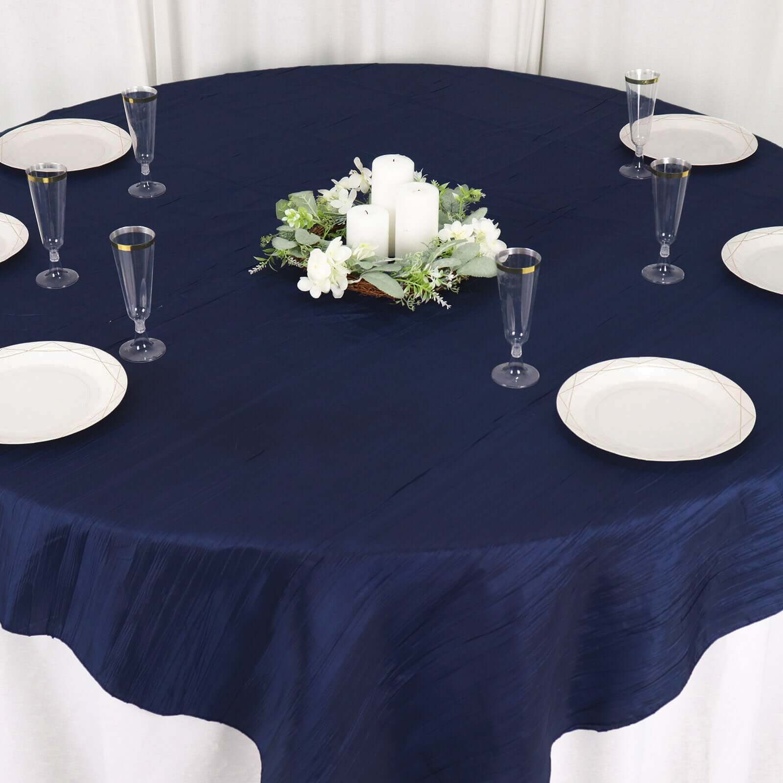 Taffeta 72"x72" Table Overlay Square Tablecloth Navy Blue - Accordion Crinkle Table Cover