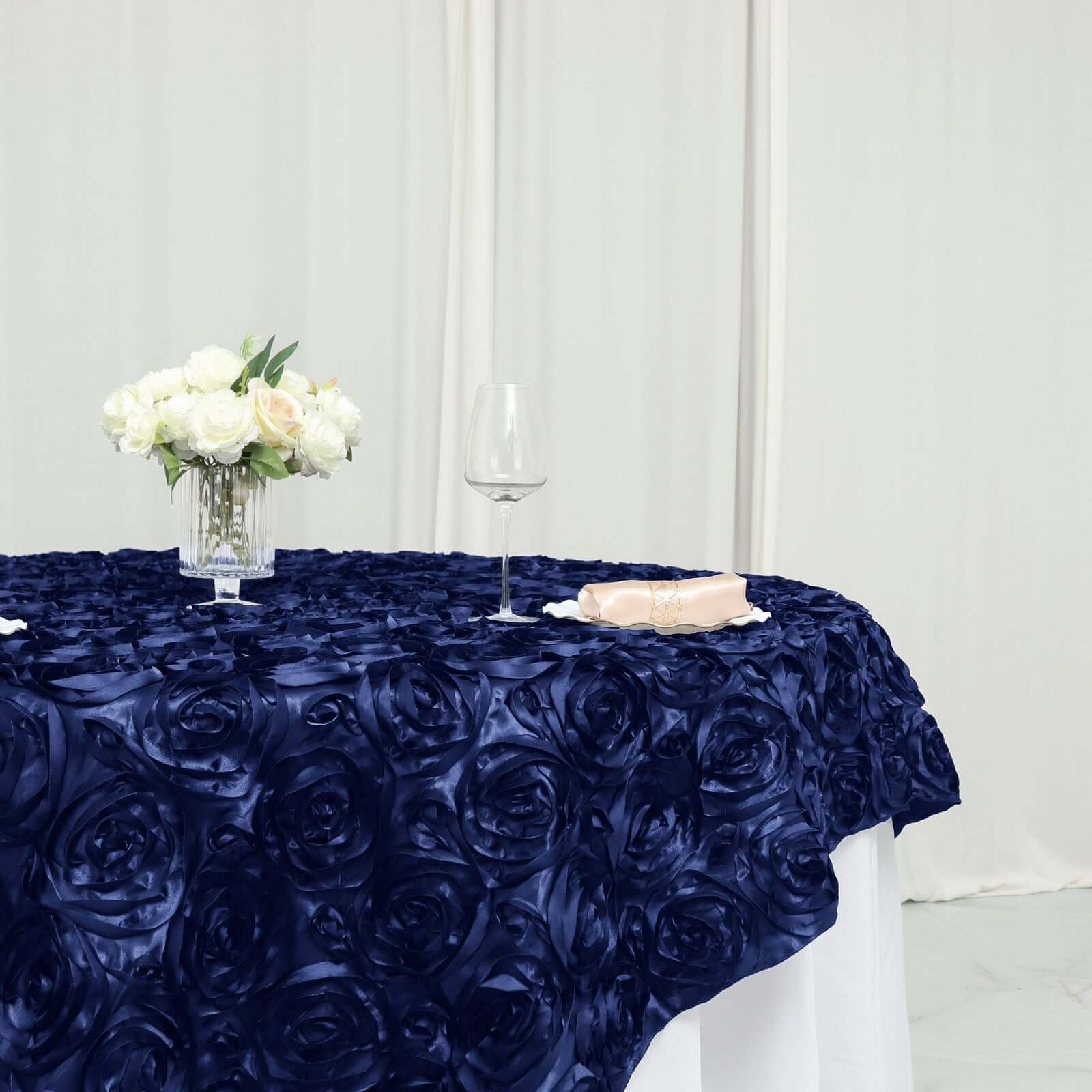 Satin 72"x72" Table Overlay Square Tablecloth Navy Blue - 3D Rosette Table Cover