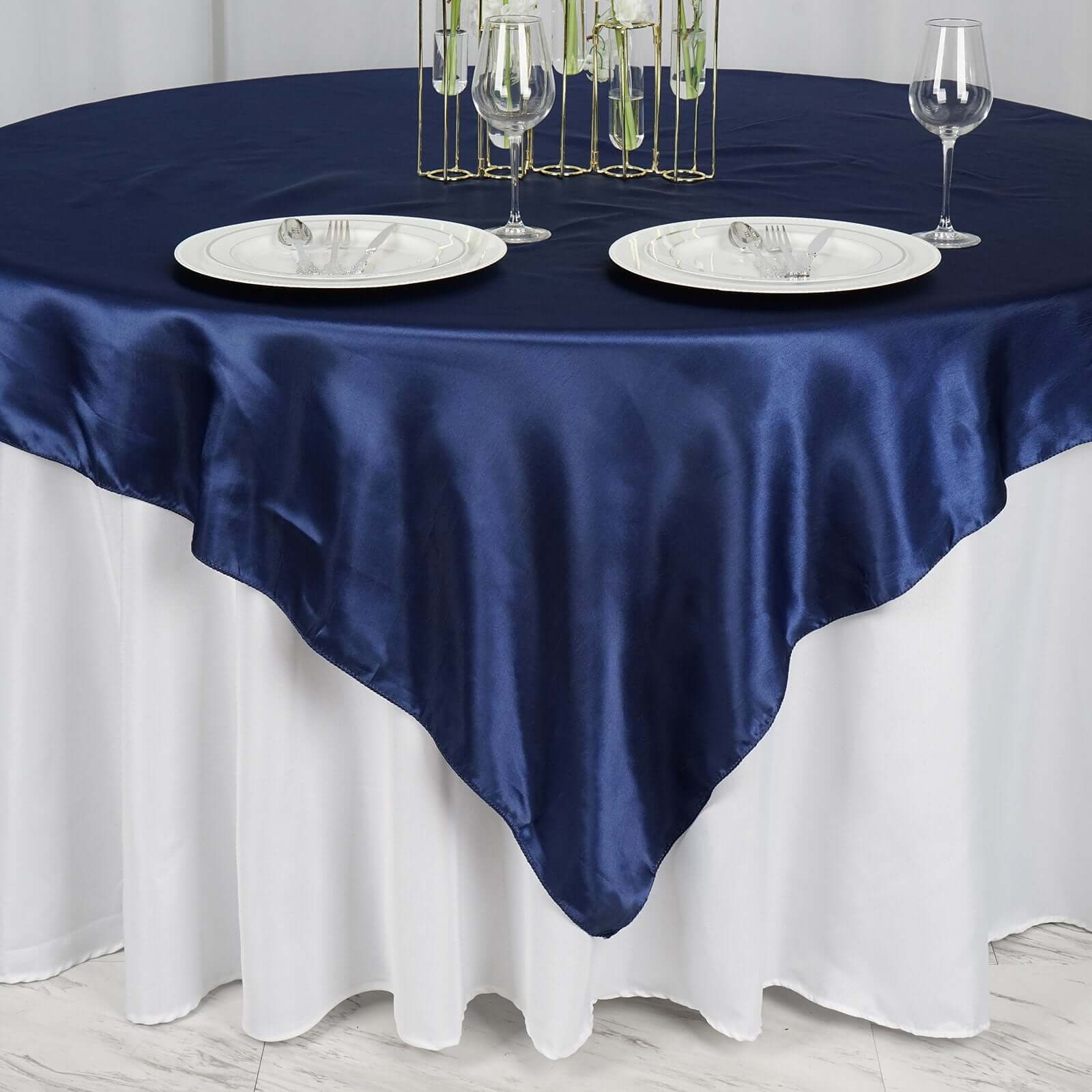Satin 72"x72" Table Overlay Square Tablecloth Navy Blue - Smooth Finish Table Cover