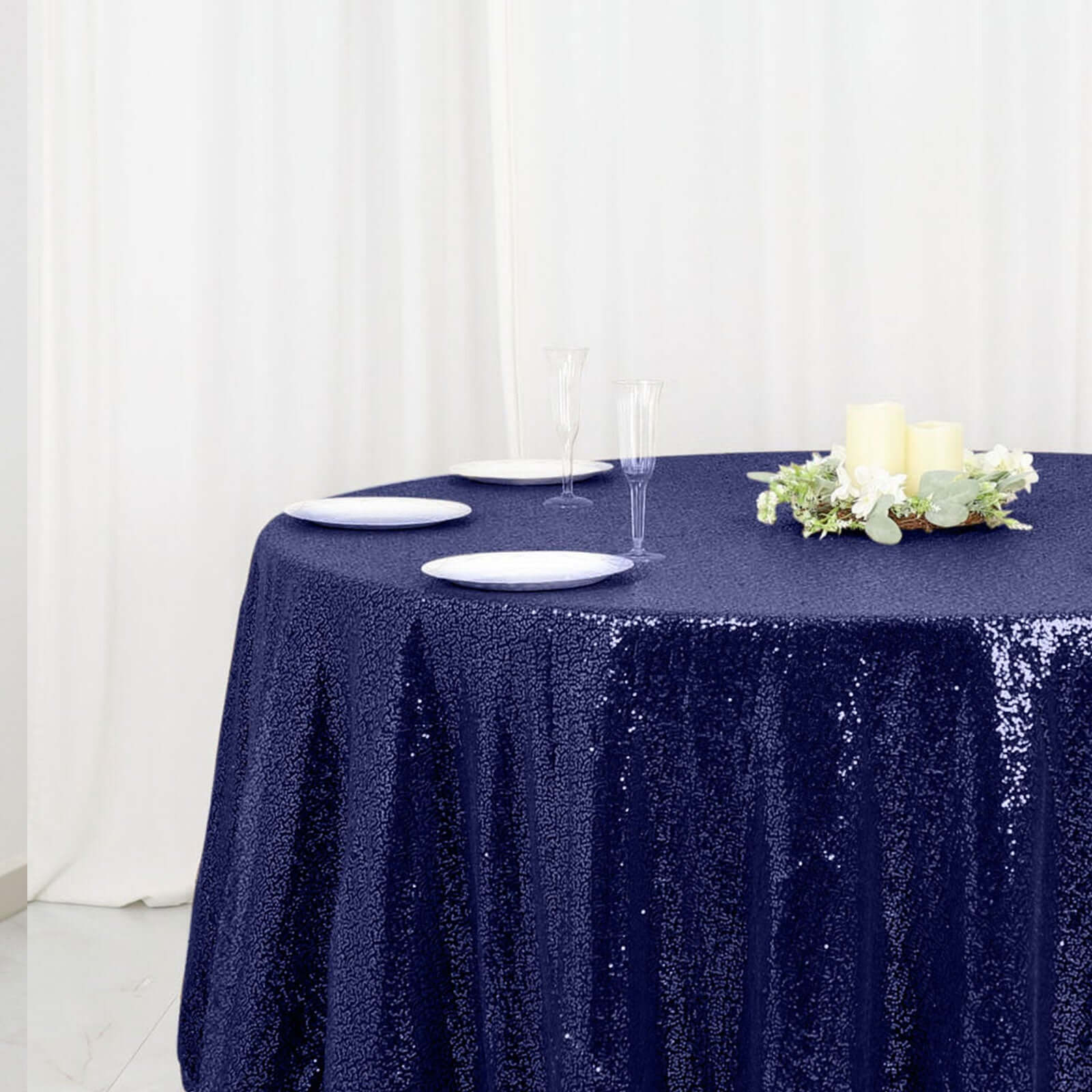 Sequin 120" Round Tablecloth Navy Blue - Seamless Glittering Table Cover