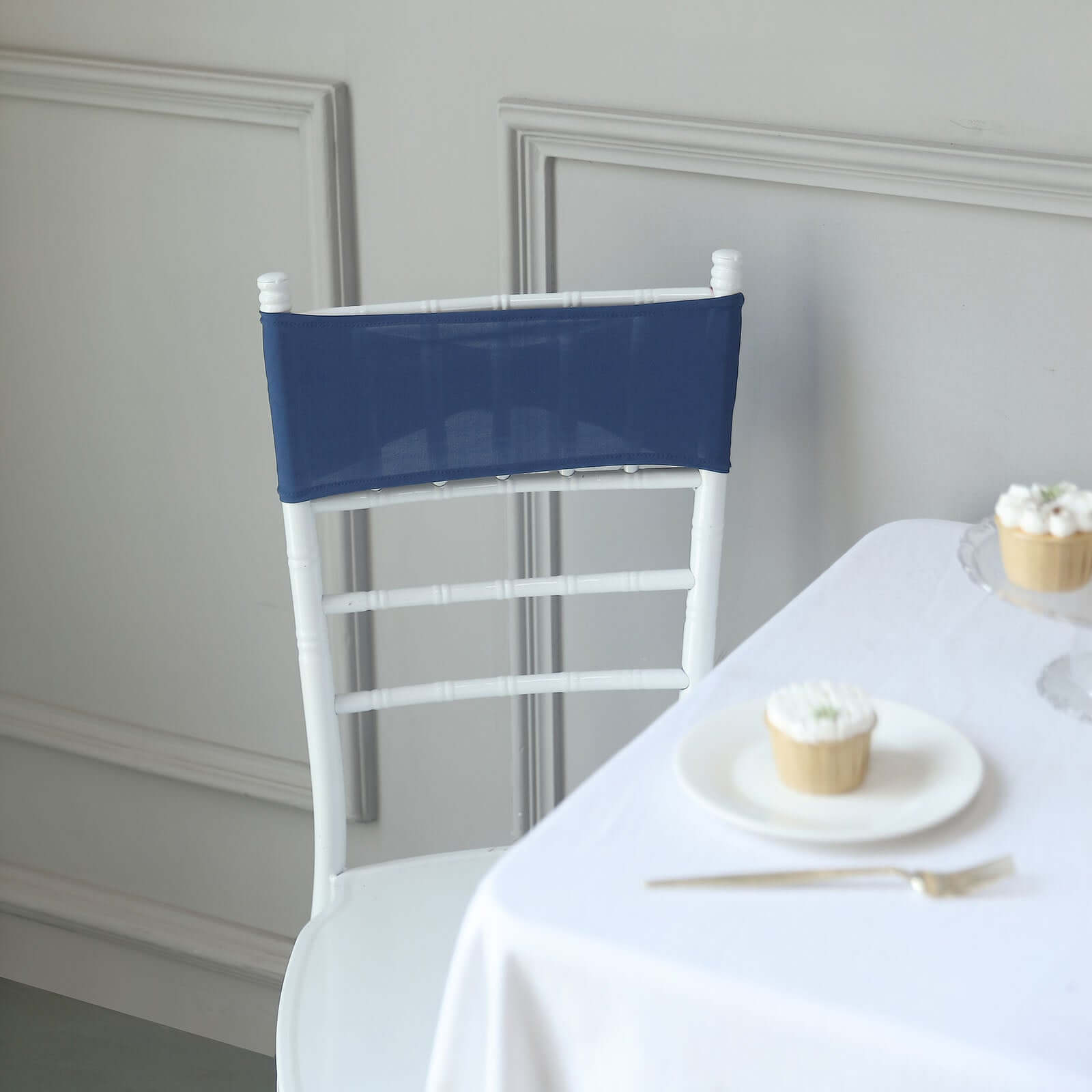 5 Pack Stretch Spandex Chair Sashes Navy Blue - Reusable Chair Bands with Silver Diamond Ring Slide Buckle 5"x14"