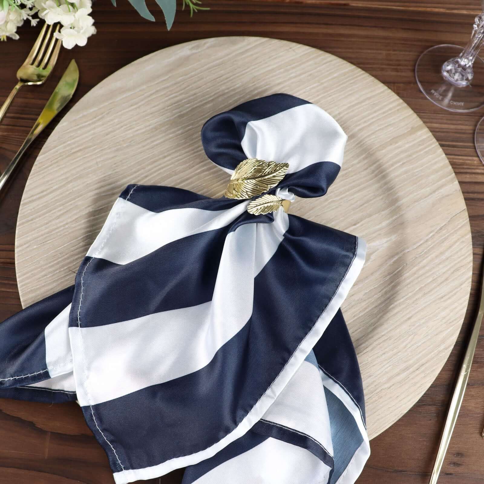 5 Pack Satin 20"x20" Napkins Navy Blue/White - Striped Reusable Dinner Napkins