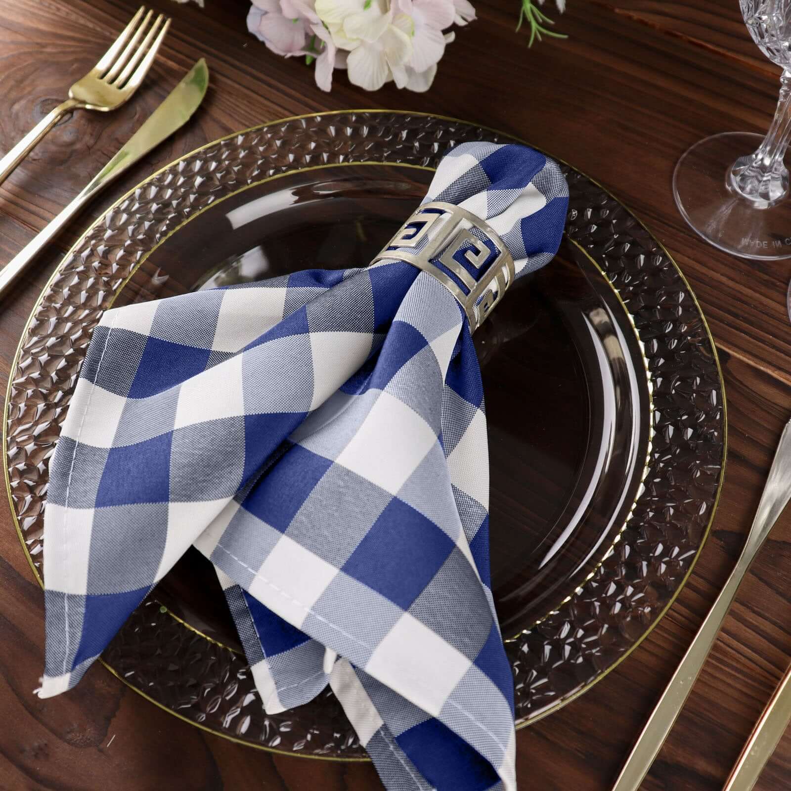 5 Pack Polyester 15"x15" Napkins Navy Blue/White Buffalo Plaid Gingham Style Cloth Napkins