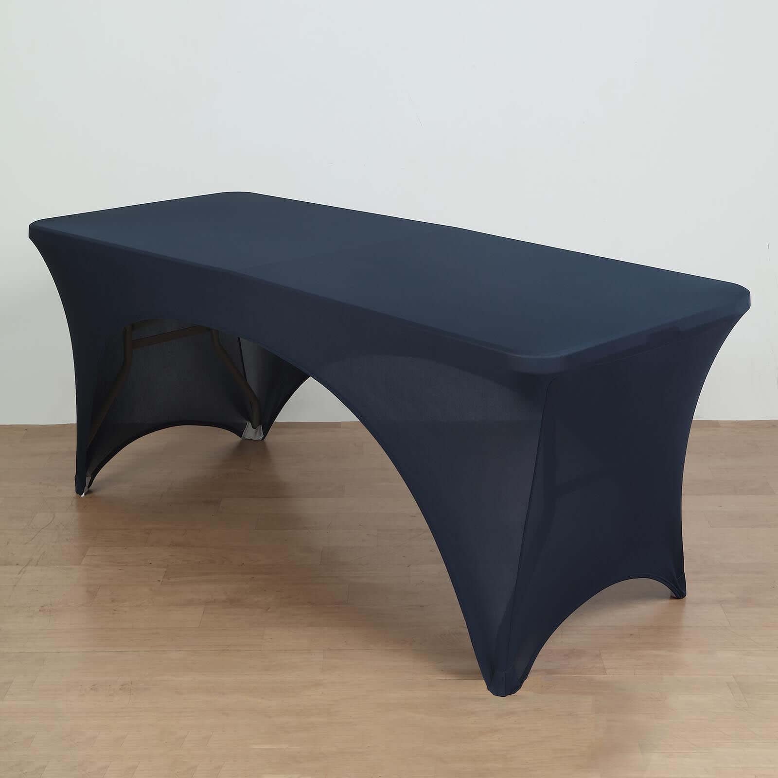Stretch Spandex 96"x30" Rectangle Table Cover Navy Blue with Curved Open Back Design Tailored Professional Look