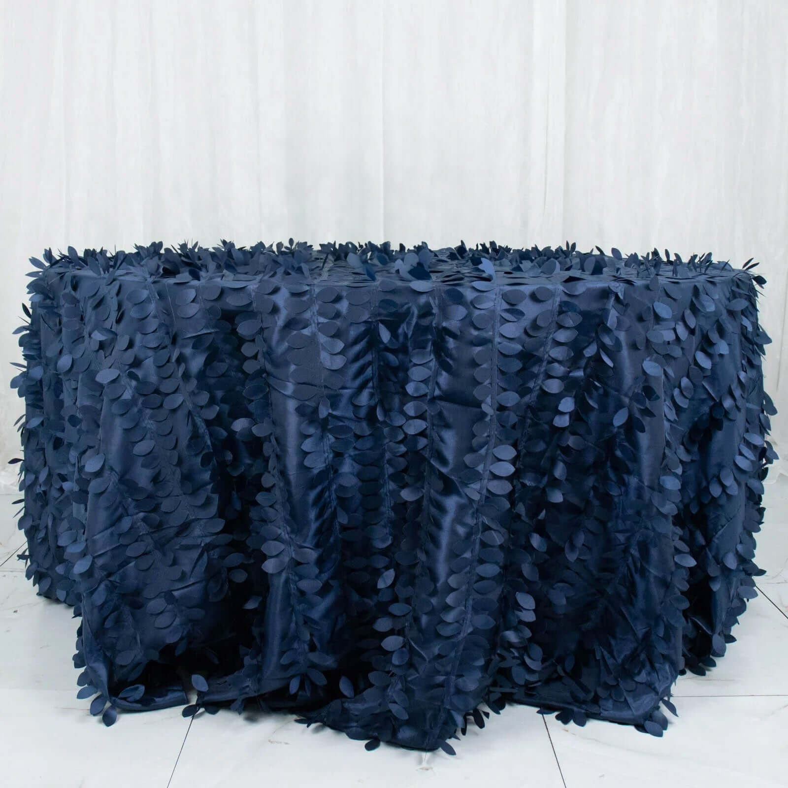 Taffeta 132" Round Tablecloth Navy Blue | 3D Leaf Petal Design Seamless Table Cover