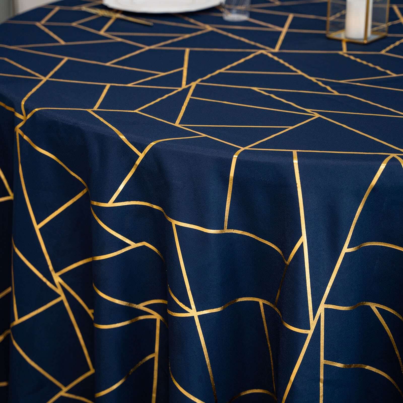Polyester 120" Round Tablecloth Navy Blue with Gold Foil Geometric Pattern Wrinkle-Resistant Seamless Table Cover