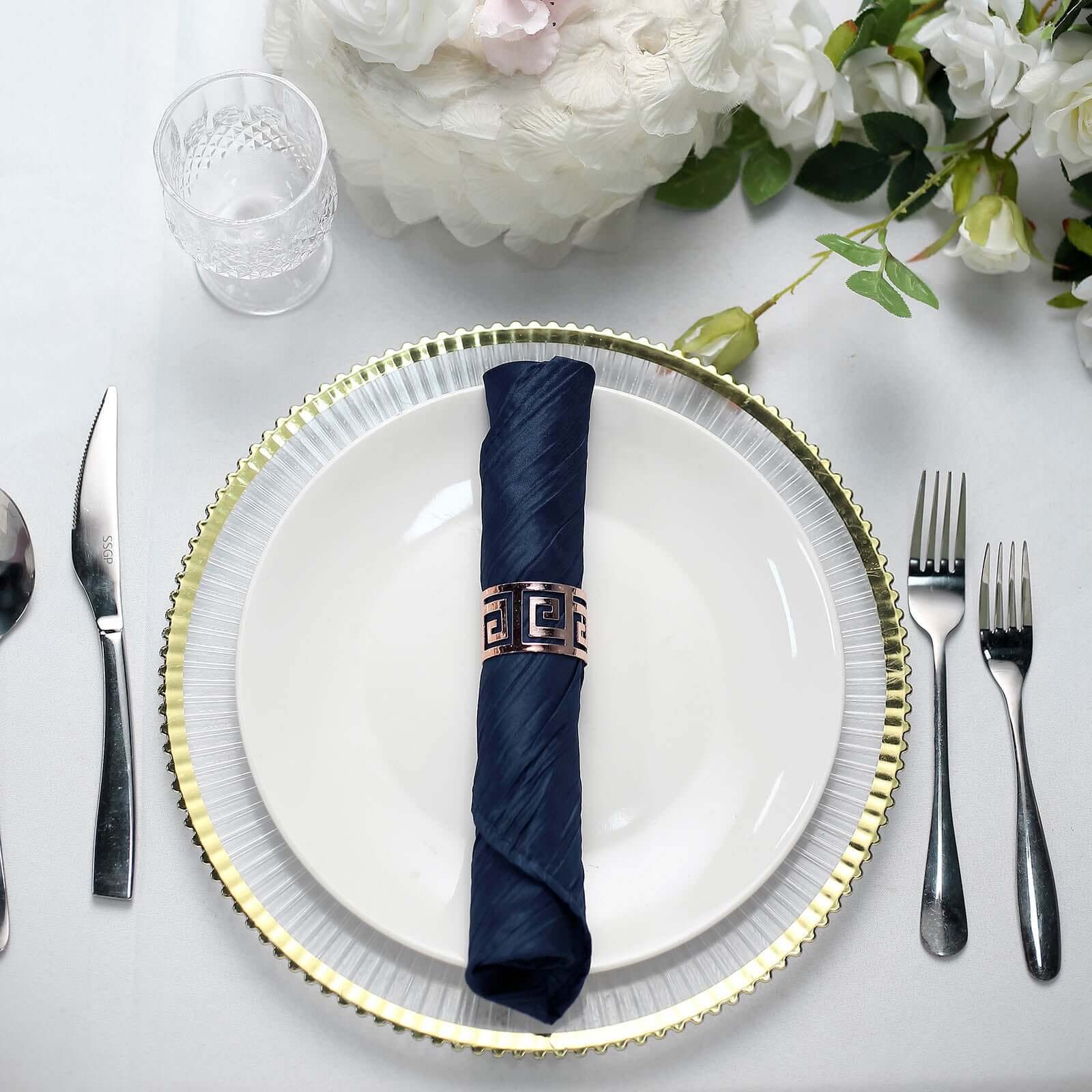 5 Pack Taffeta 20"x20" Napkins Navy Blue - Accordion Crinkle Dinner Napkins