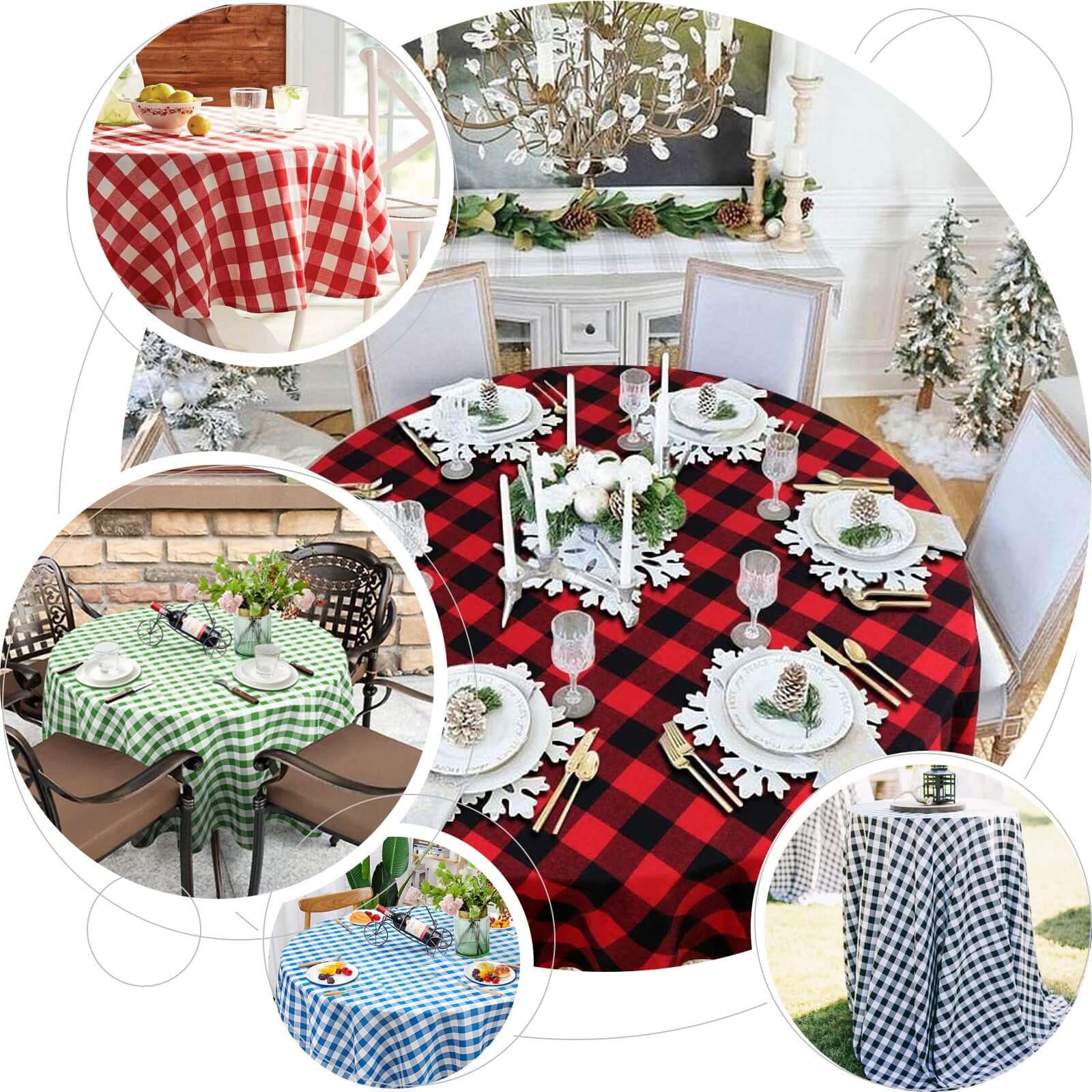 Polyester 90" Round Tablecloth White/Navy Blue - Checkered Buffalo Plaid Table Cover