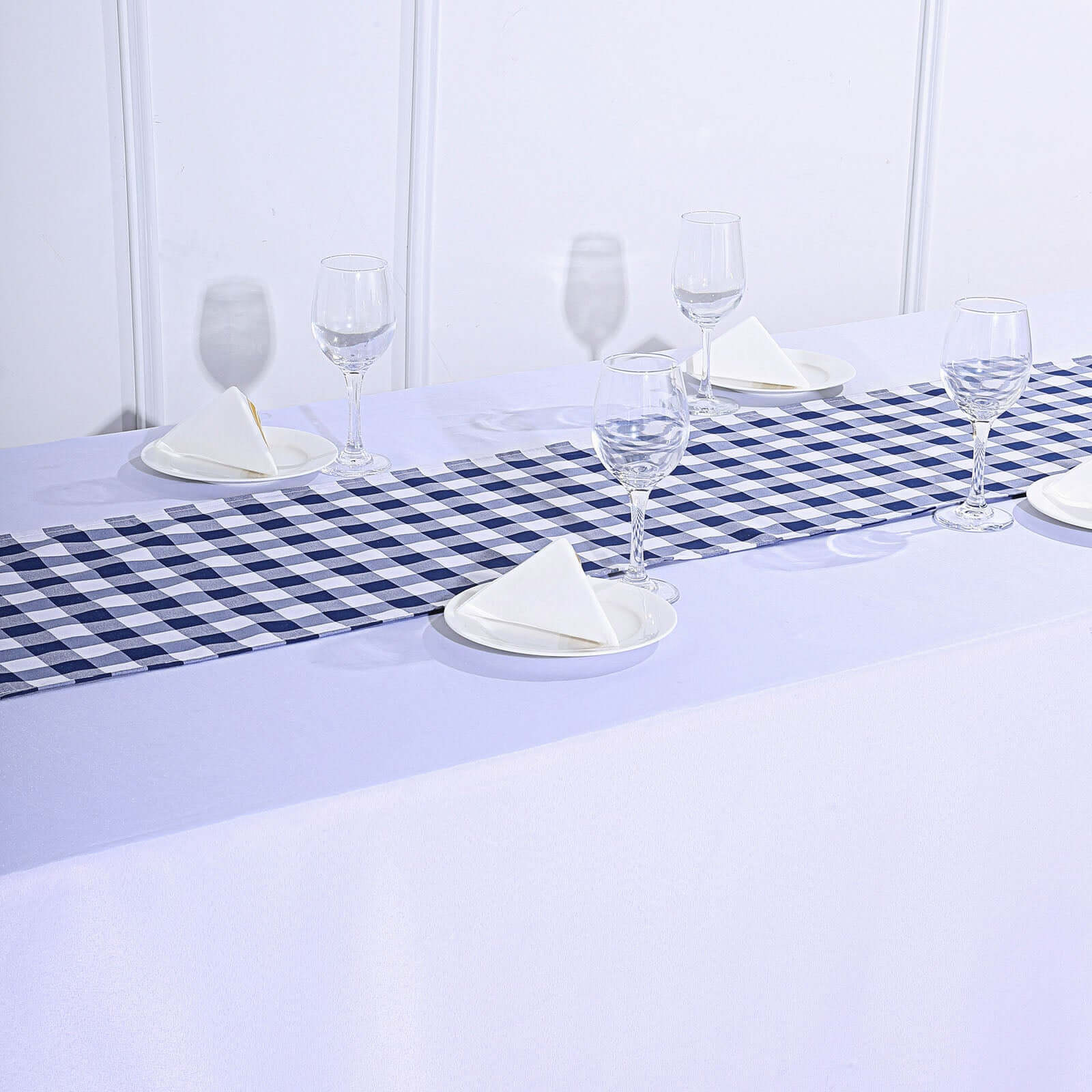 Polyester 14"x108" Table Runner Navy Blue/White - Gingham Plaid Design
