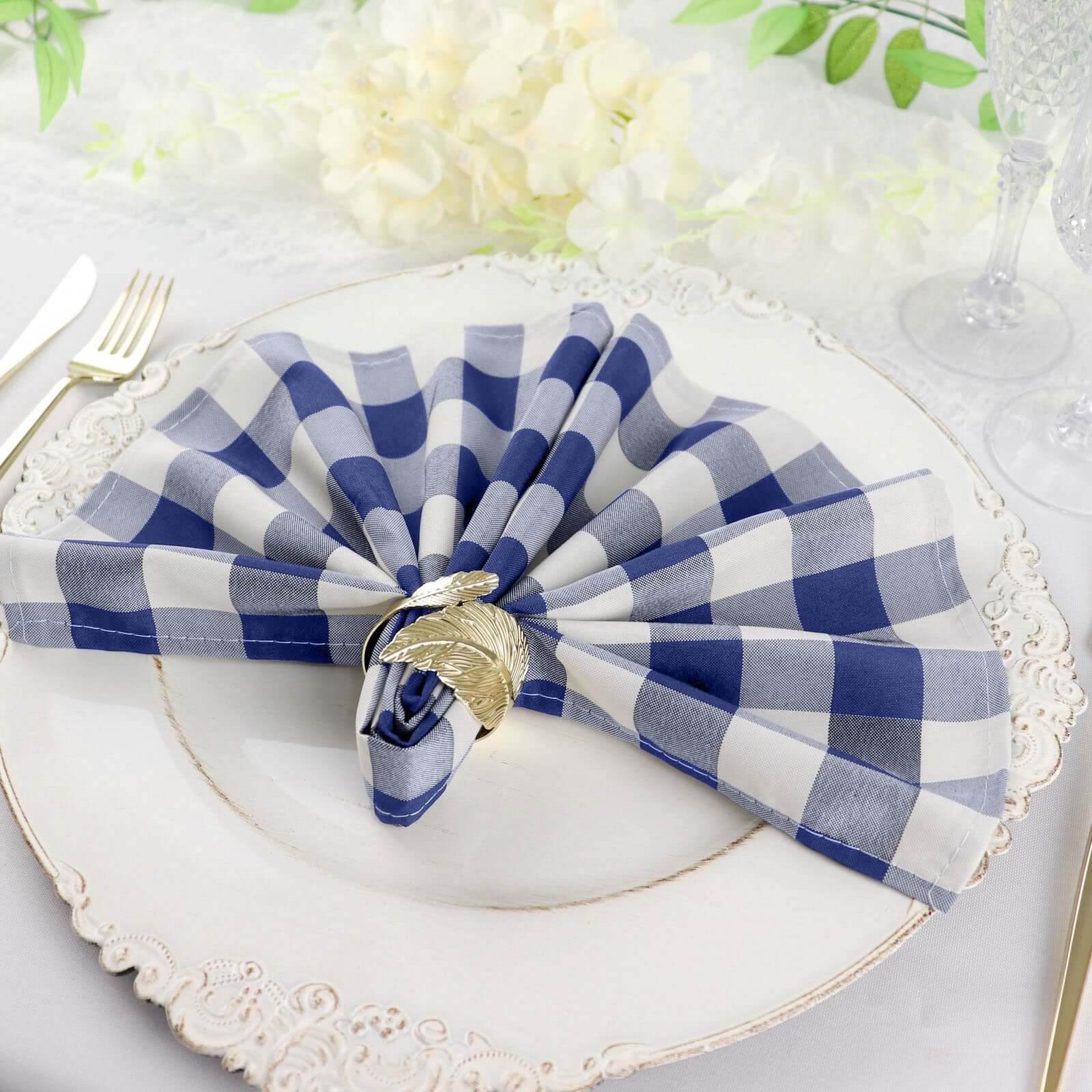 5 Pack Polyester 15"x15" Napkins Navy Blue/White Buffalo Plaid Gingham Style Cloth Napkins