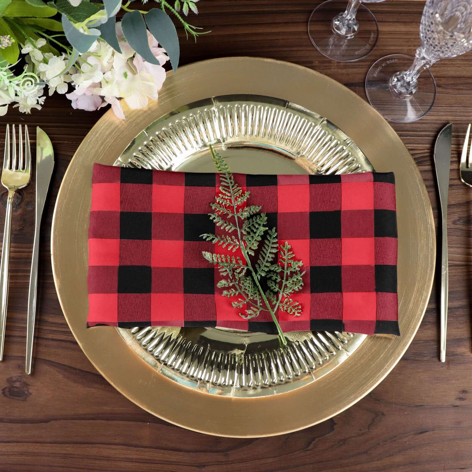 5 Pack Polyester 15"x15" Napkins Black/Red Buffalo Plaid Gingham Style Cloth Napkins