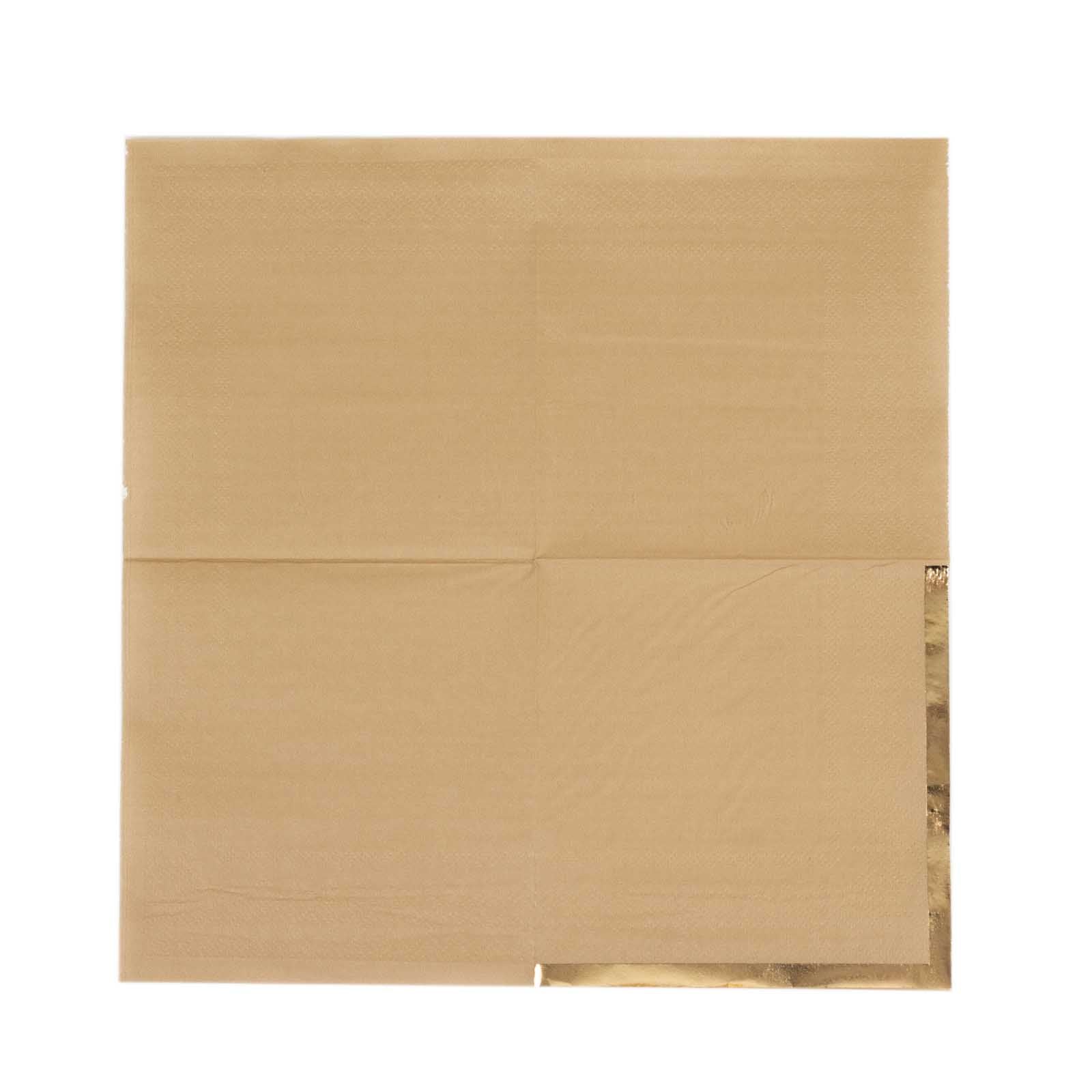 50-Pack Paper Beverage Napkins Natural with Gold Foil Edge - 2 Ply Disposable Soft 18GSM Cocktail Napkins 5"x5"