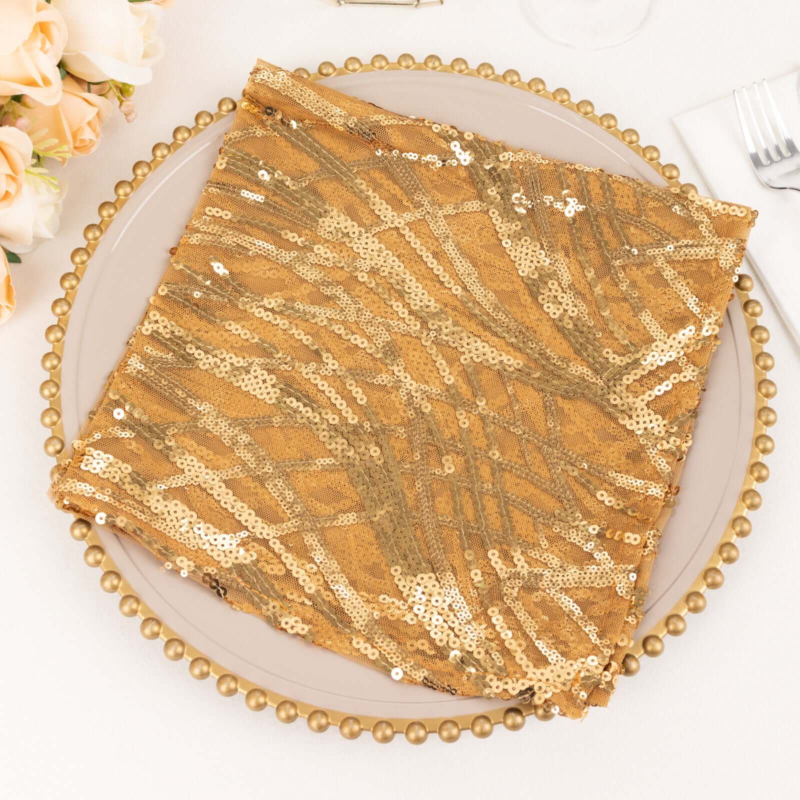 Sequin Mesh 20"x20" Napkin Gold - Wave Embroidered Reusable Cloth Napkin for Glitzy Table Settings