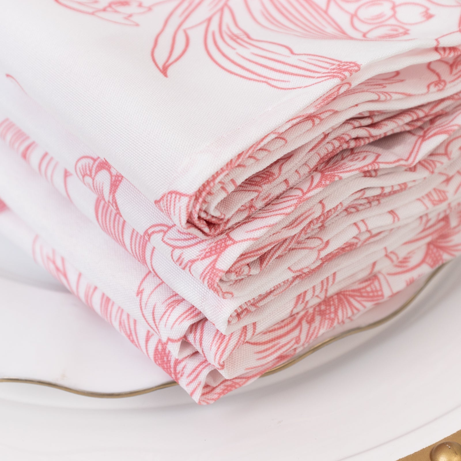 5-Pack French Toile Polyester Cloth Napkins – 17"x17" Pink and White Reusable Table Napkins in Floral Design for Events & Dining