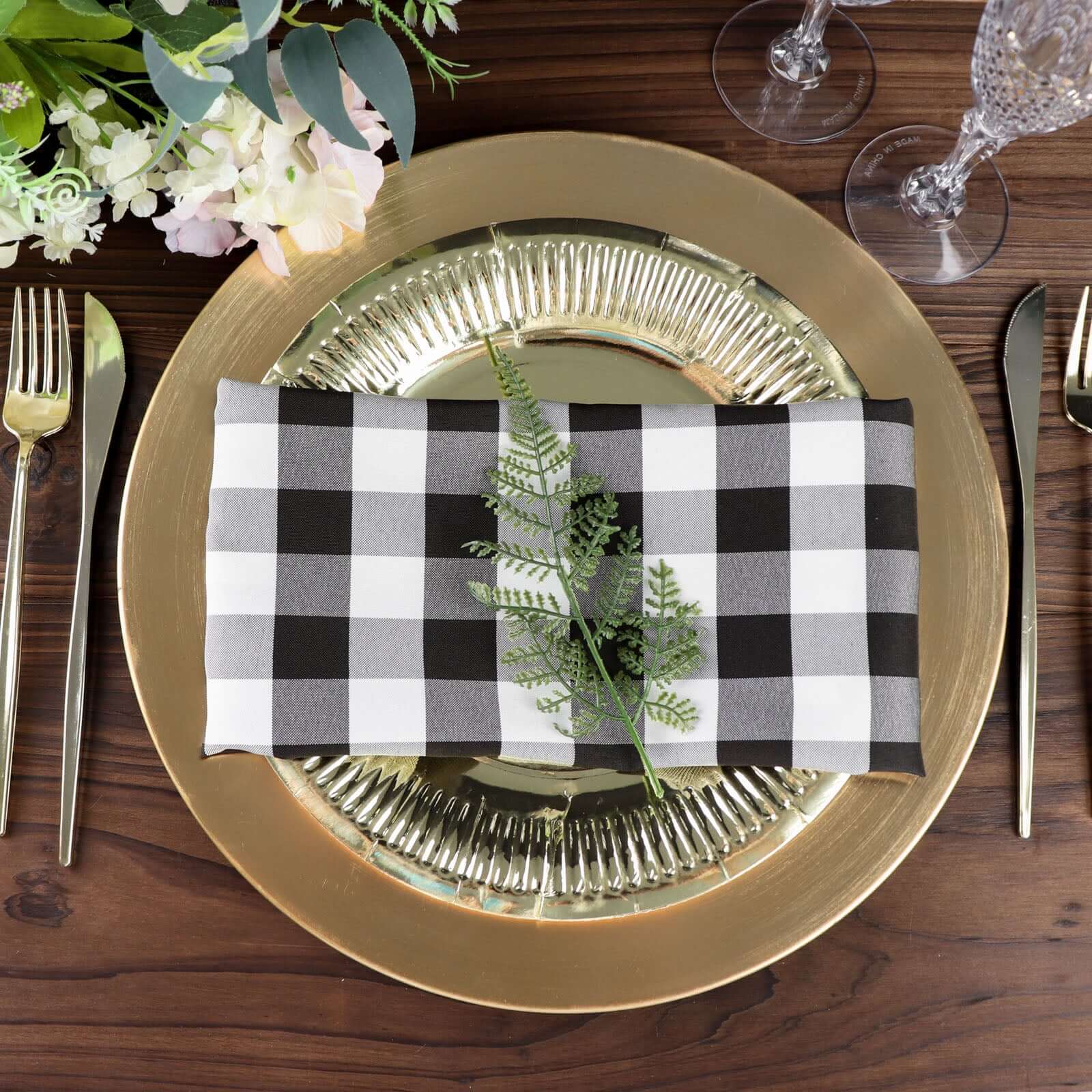 5 Pack Polyester 15"x15" Napkins Black/White Buffalo Plaid Gingham Style Cloth Napkins for Casual & Outdoor Dining
