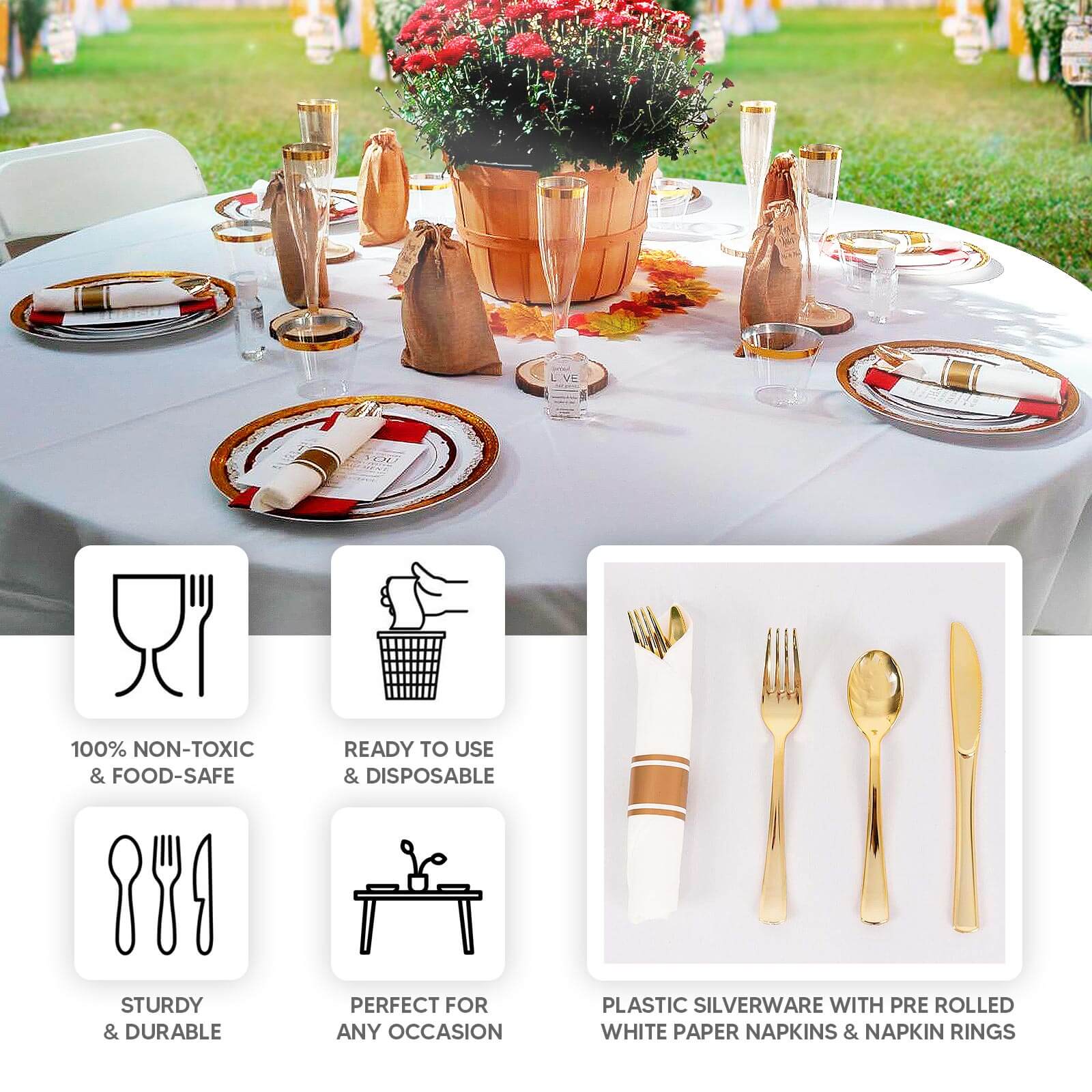 Set of 24 Gold Plastic Silverware with Pre-Rolled White Paper Napkins - Disposable Wrapped Fork, Spoon, and Knife Set