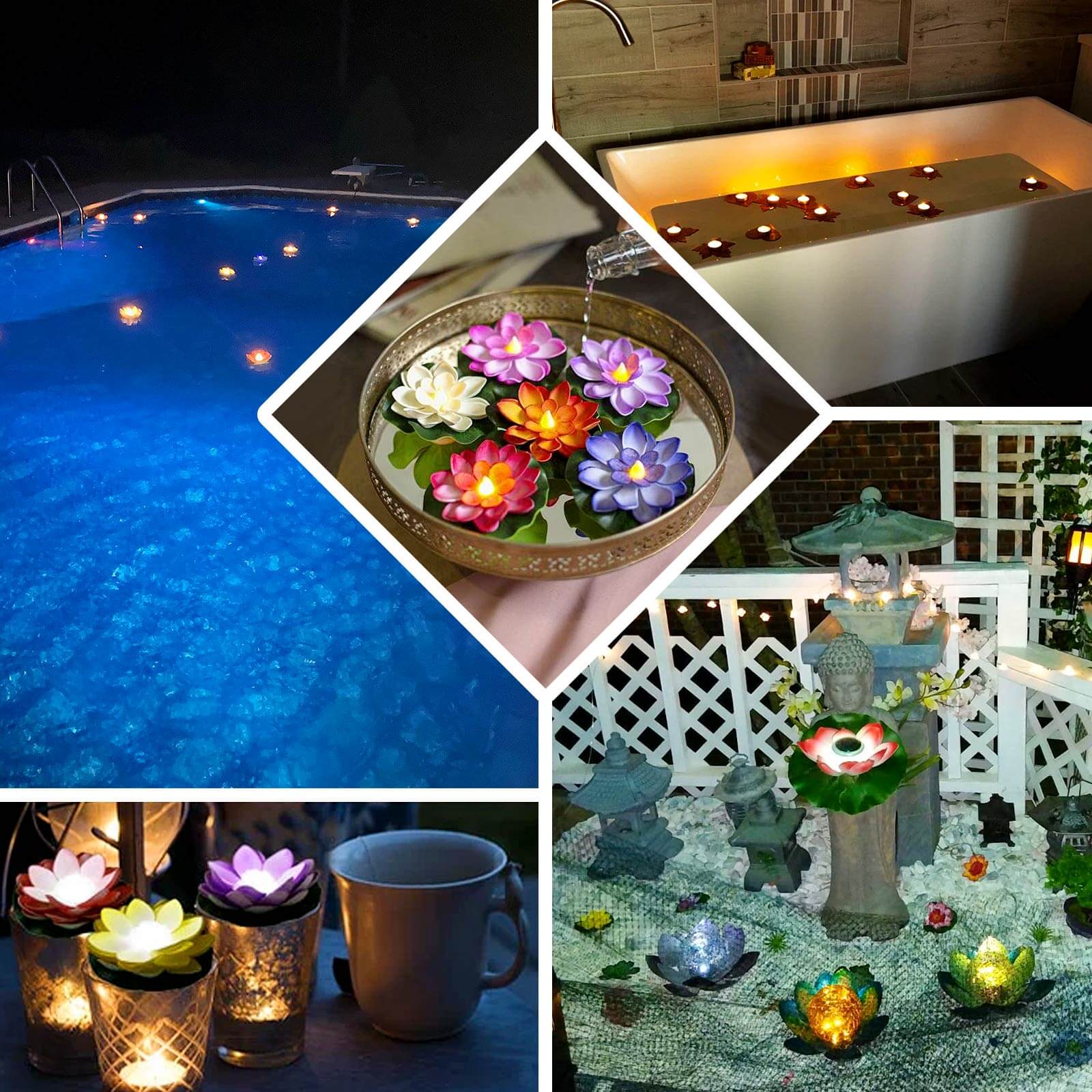 10-Pack Floating Candle Lights Water Lily Lotus Flower Design Colorful - Assorted Tealight Lanterns 5"