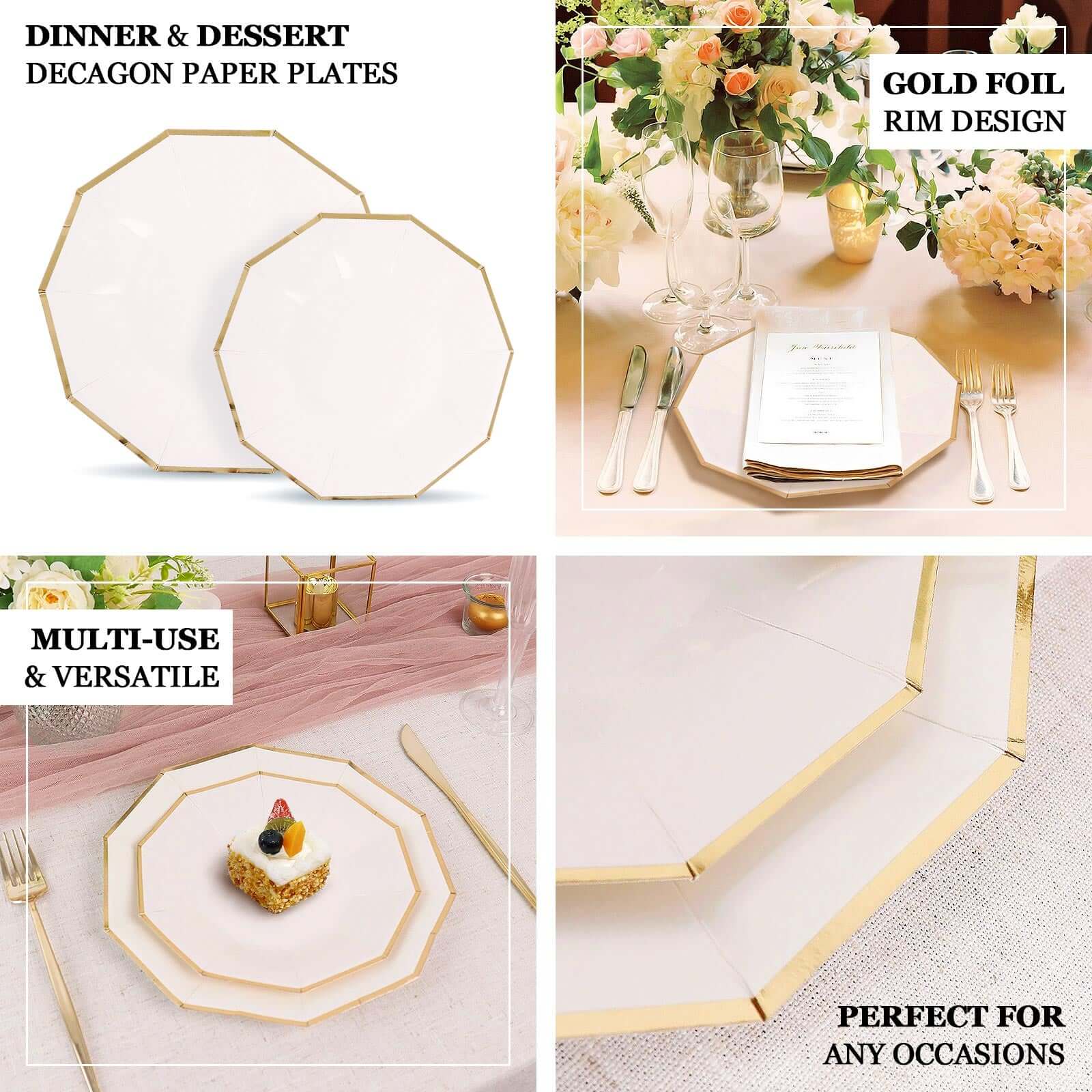 25-Pack Paper 9" Decagon Dinner Plates in Beige with Gold Foil Rim - Disposable Geometric Party Plates for Modern Weddings & Events