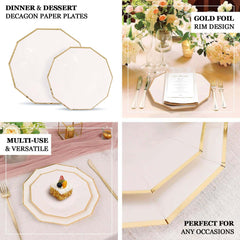 25-Pack Paper 9" Decagon Dinner Plates in Beige with Gold Foil Rim - Disposable Geometric Party Plates for Modern Weddings & Events