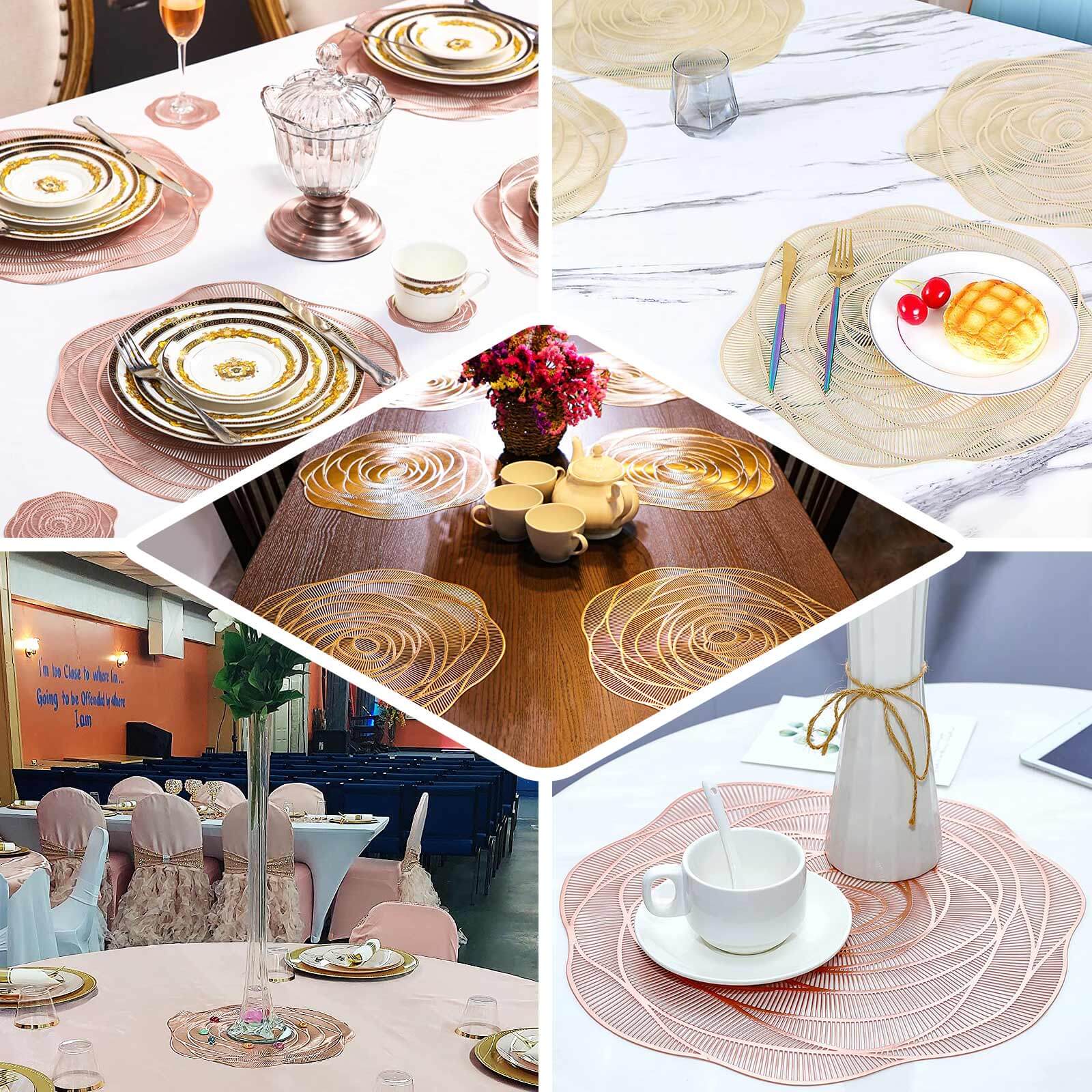6-Pack Dining Table Mats Rose Flower Design Metallic Gold - Vinyl Round Non-Slip and Washable Table Mats 15"